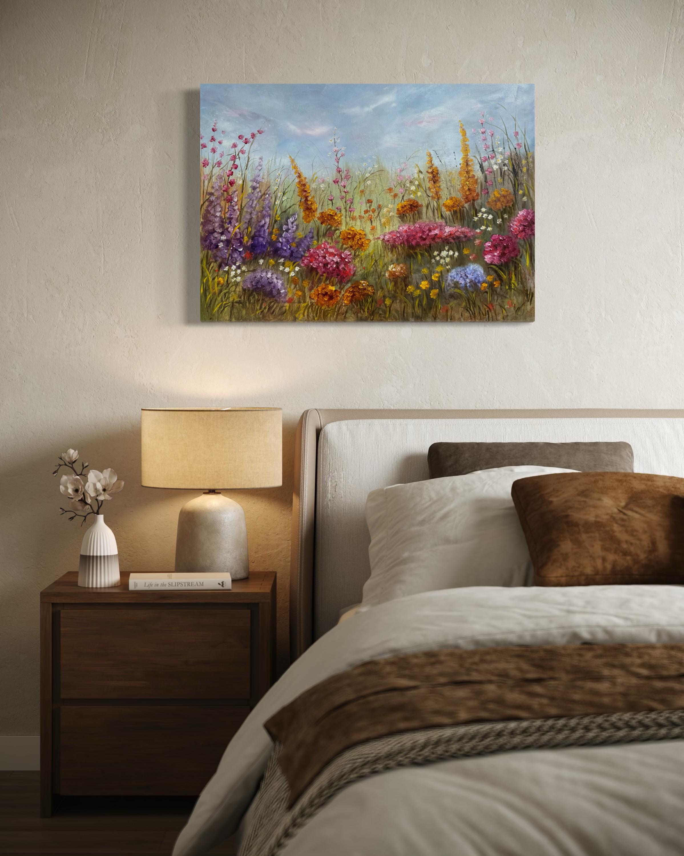 In this painting, I've captured a vibrant, blossoming meadow under a soft, sweeping sky. Using oil paints, I blended the techniques of impressionism and realism to evoke the wild, untamed beauty of nature. Each brushstroke embodies the spirit of the