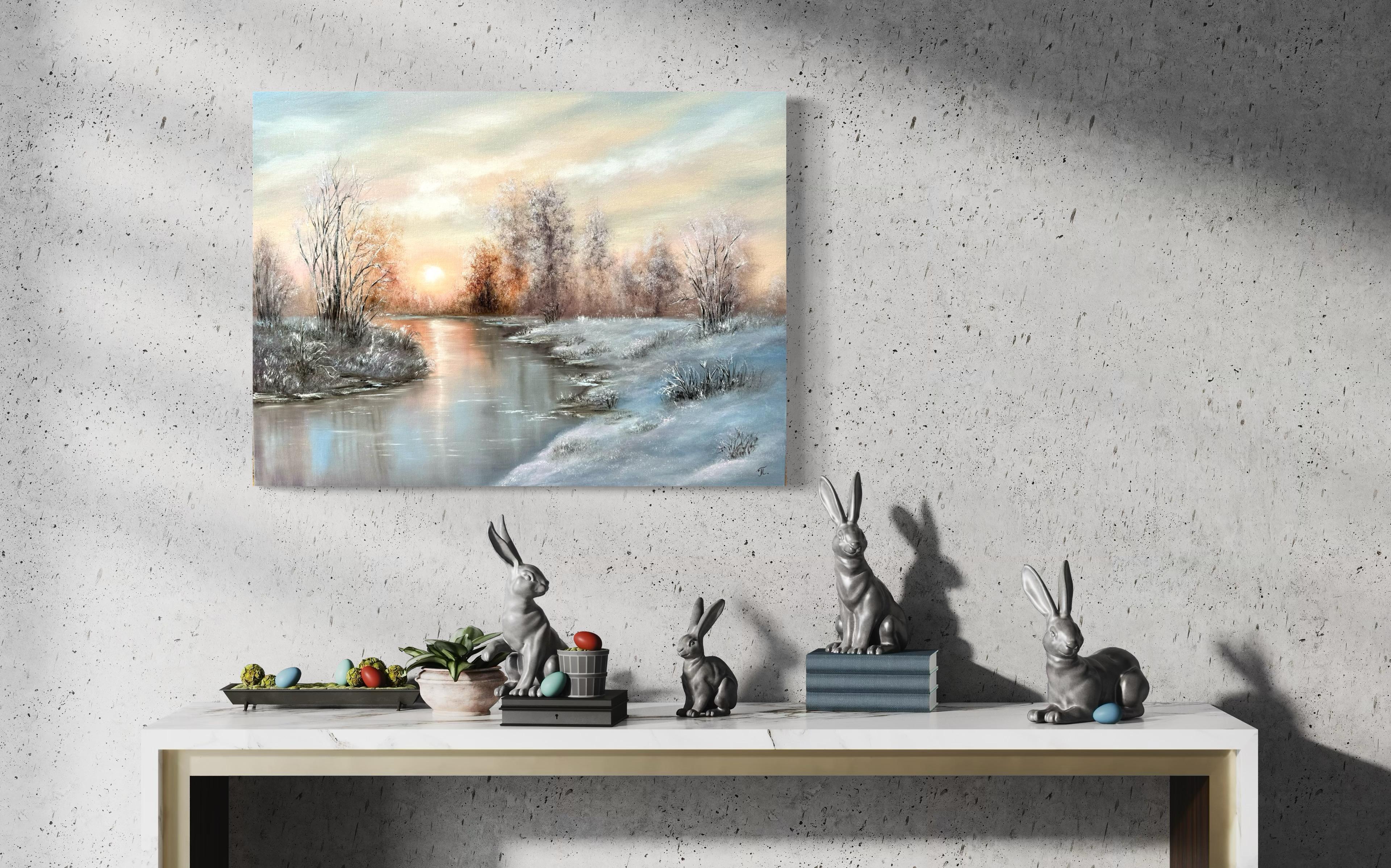 Bei der Gestaltung dieser ruhigen Winterlandschaft wollte ich die ruhige und doch belebende Essenz eines frostigen Sonnenaufgangs einfangen. Mit impressionistischen Strichen und einer realistischen Herangehensweise habe ich Ölfarben geschichtet, um