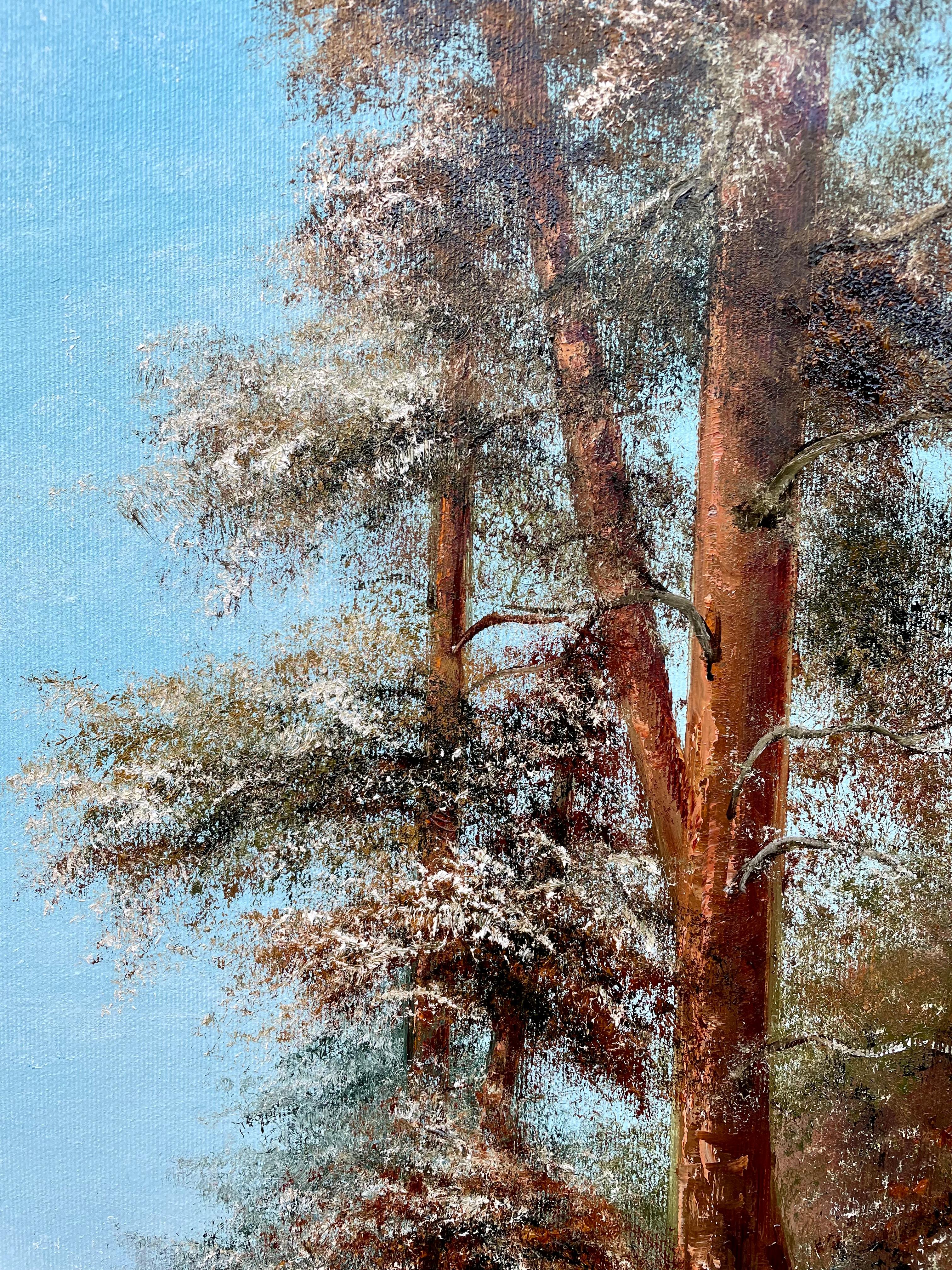 Bei der Schaffung dieses Werks fühlte ich mich von der ruhigen Anziehungskraft eines winterlichen Waldes angezogen, der mit dicken, strukturierten Ölfarbenstrichen dargestellt wurde. Meine Pinselführung sollte die frische Kälte der Luft und die