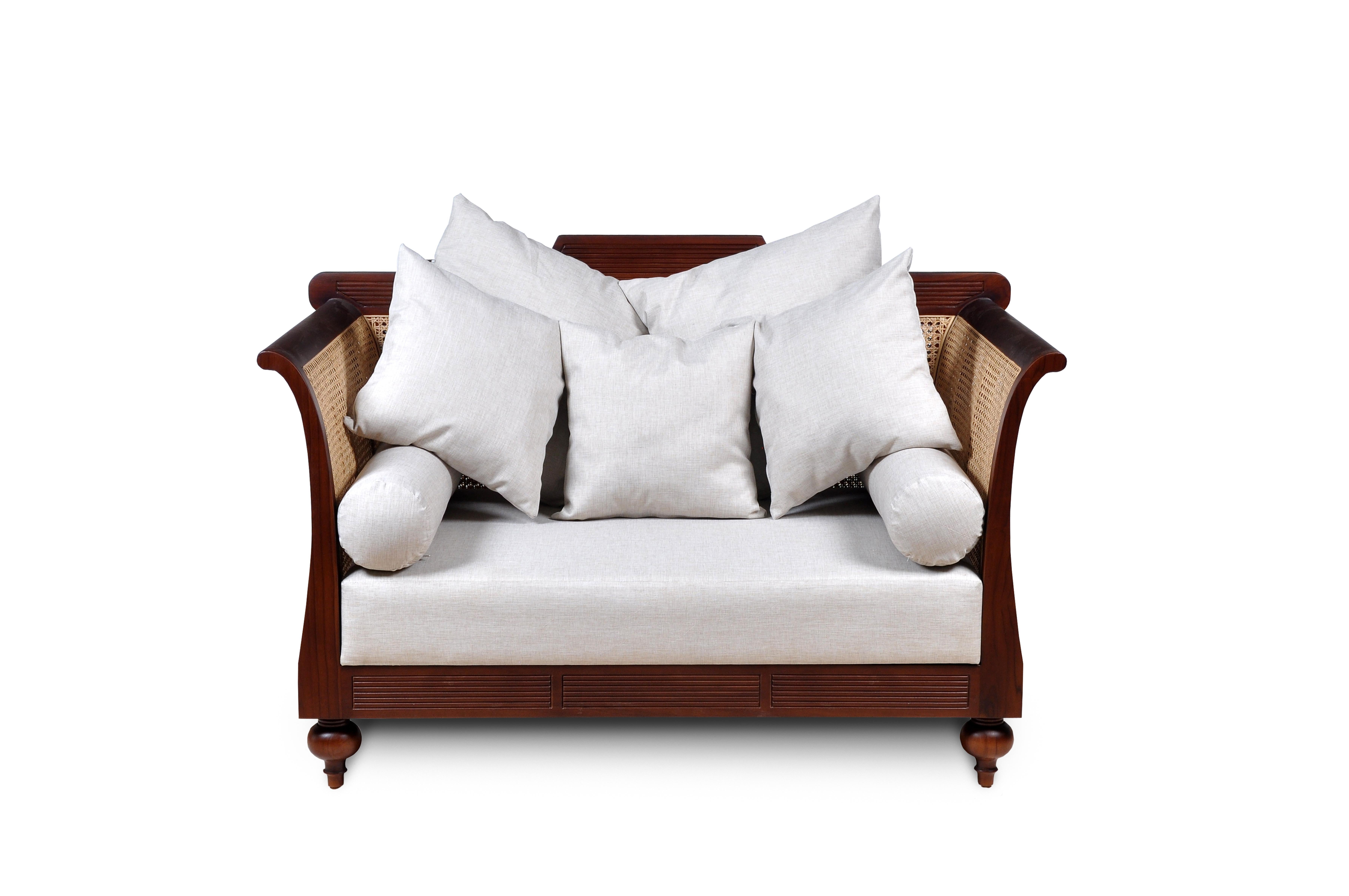 Indonesian Tanjong Classic Loveseat, Teak with Woven Cane and Cushion For Sale
