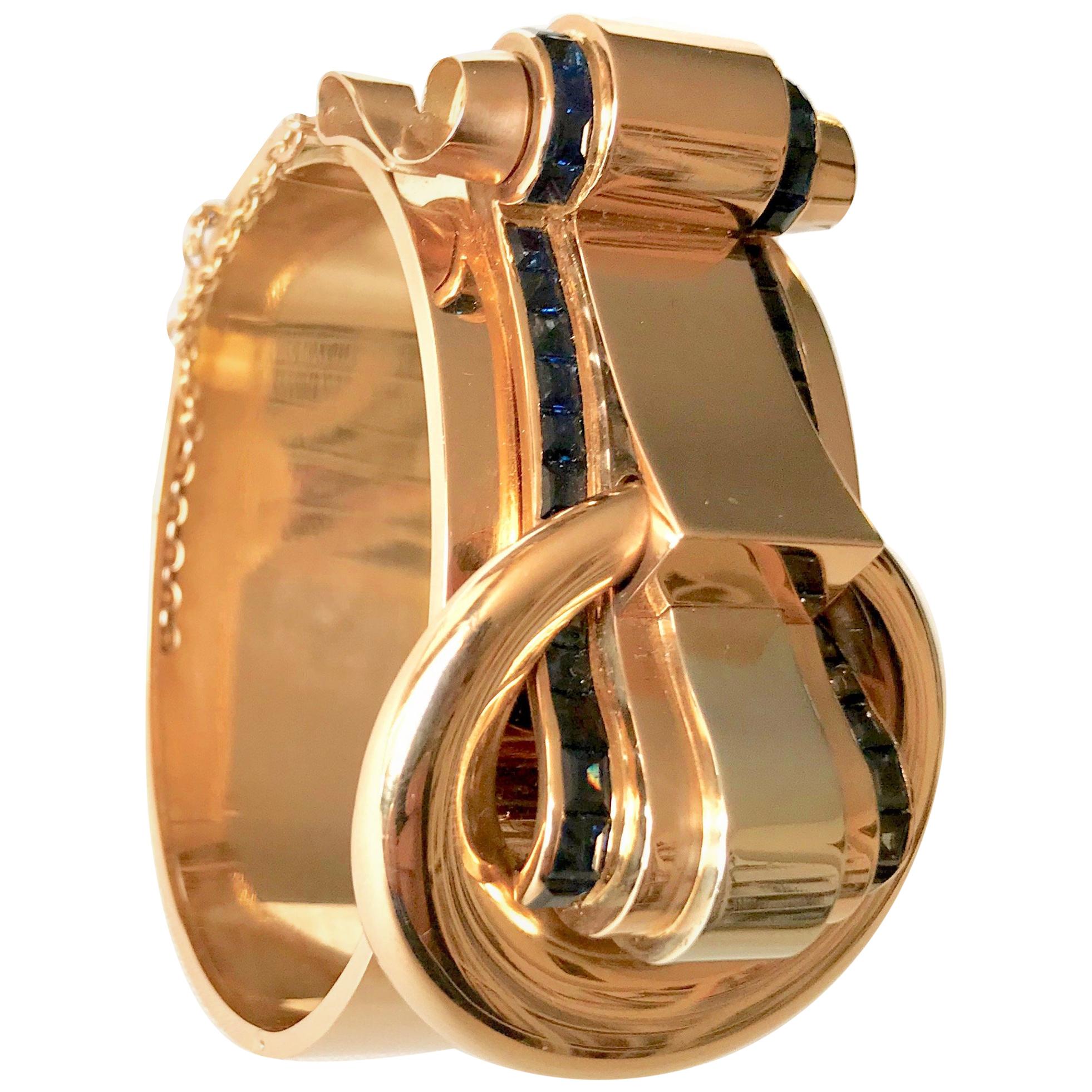 Bracelet Tank circa 1940 Saphirs Ouverture Rigide Boucle Motif Or 18 Carat