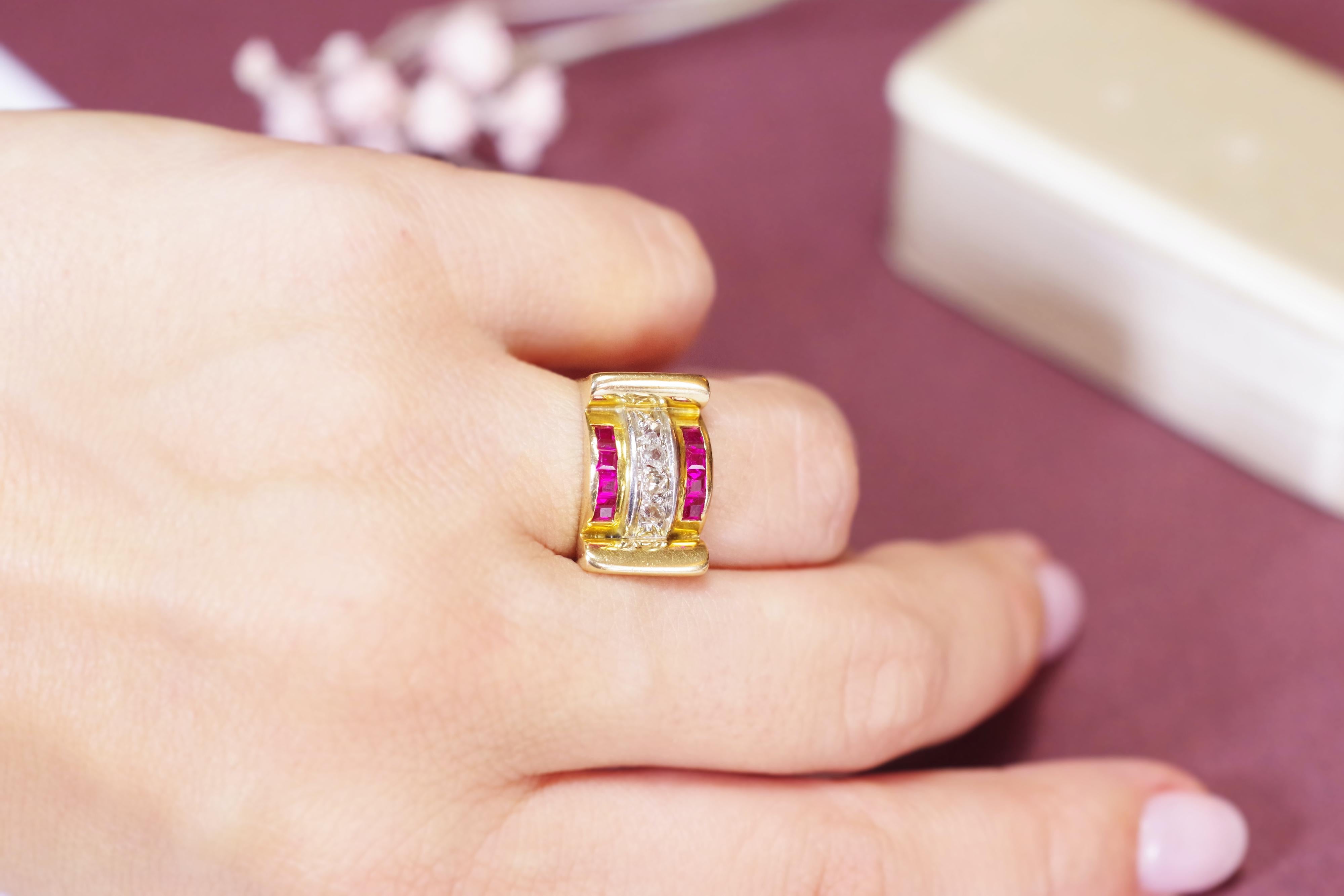 Women's Tank Diamond Ruby Ring 18k Gold For Sale