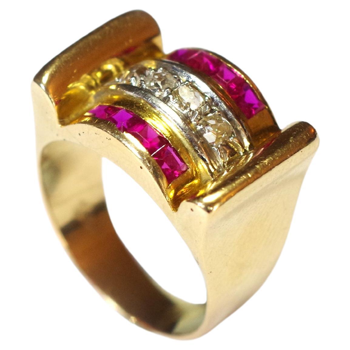 Tank Diamond Ruby Ring 18k Gold