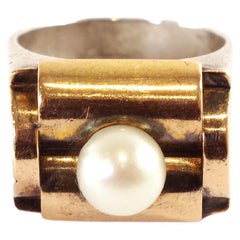 Tank Pearl Ring in Rose Gold 18 Karats and Silver