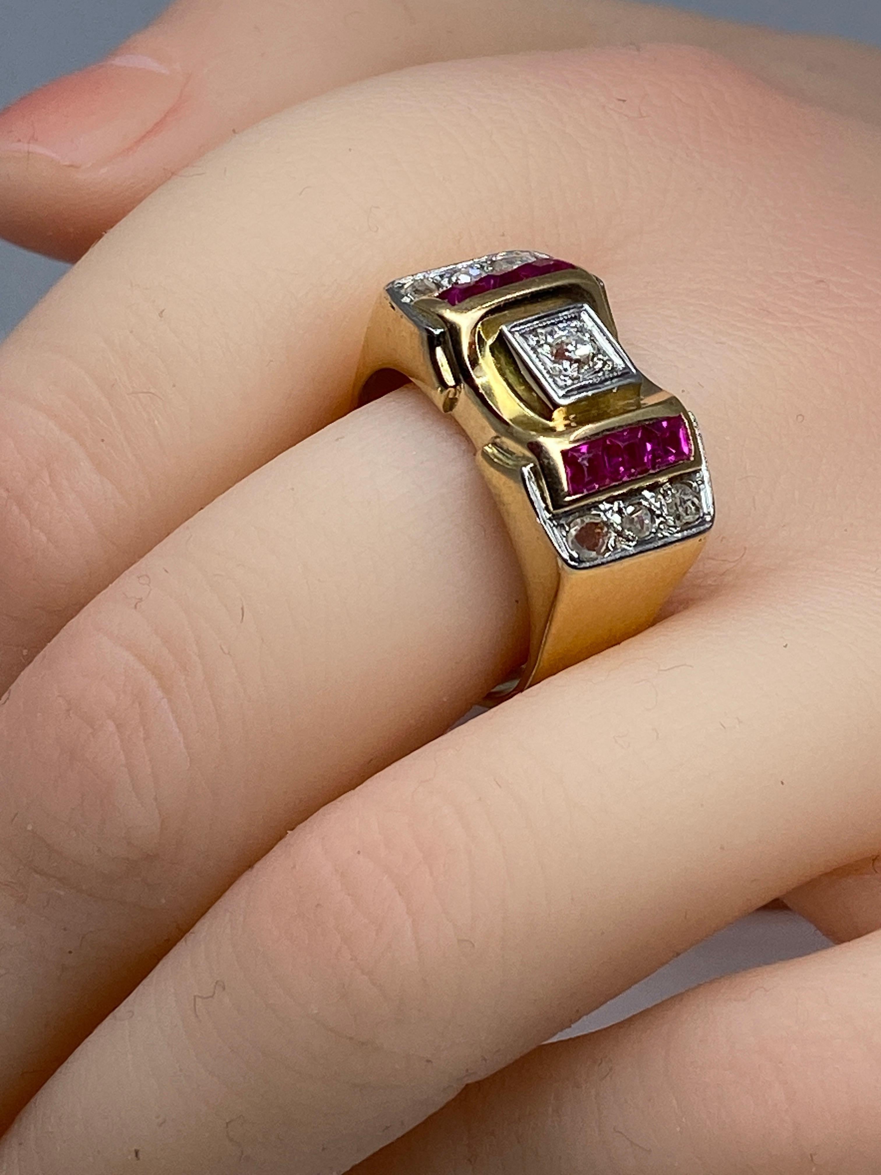 Tank Ring in 18 Carat Gold and Platinium Set with Diamonds and Synthetic Rubies For Sale 4