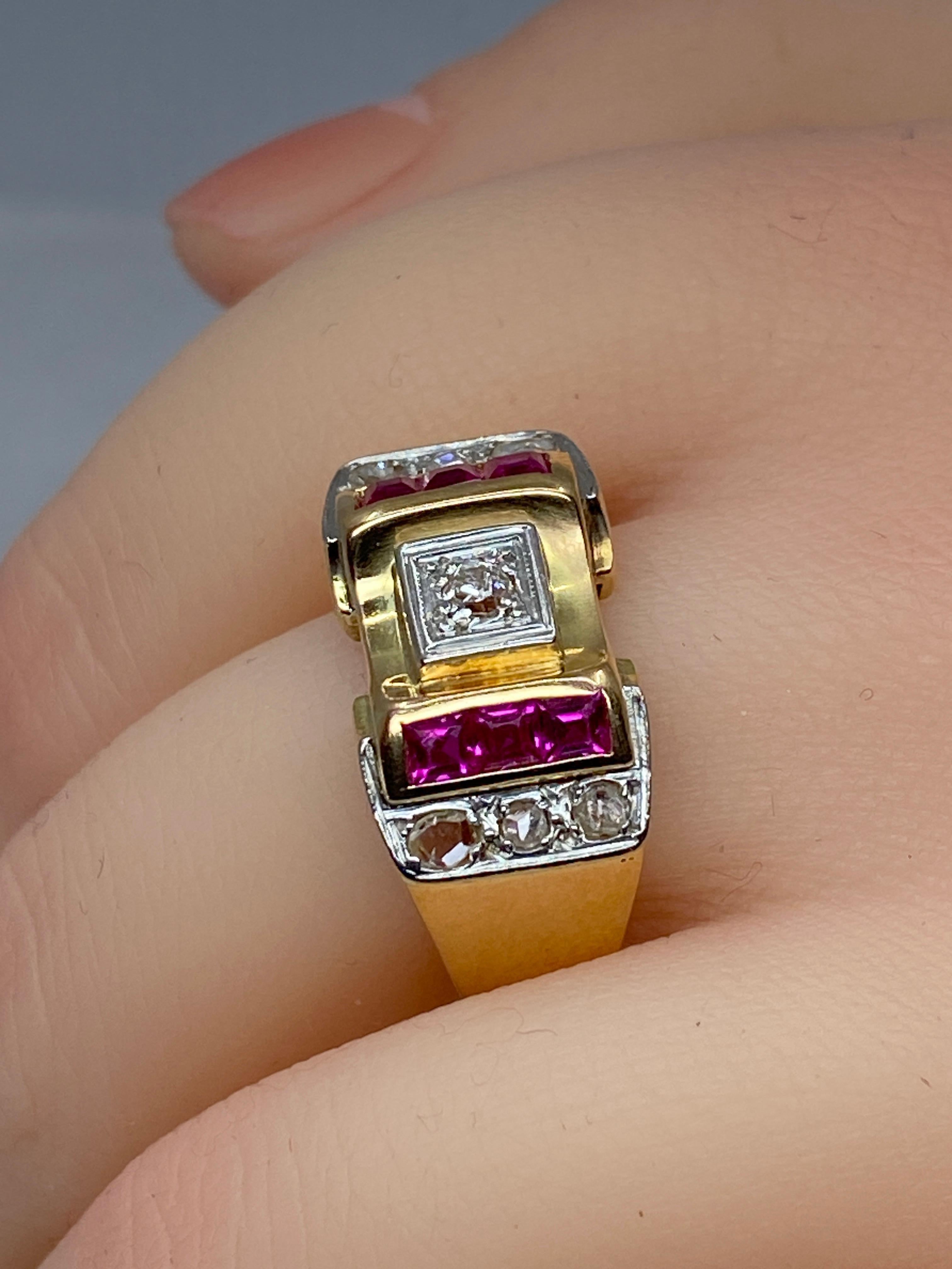 Tank Ring in 18 Carat Gold and Platinium Set with Diamonds and Synthetic Rubies For Sale 5