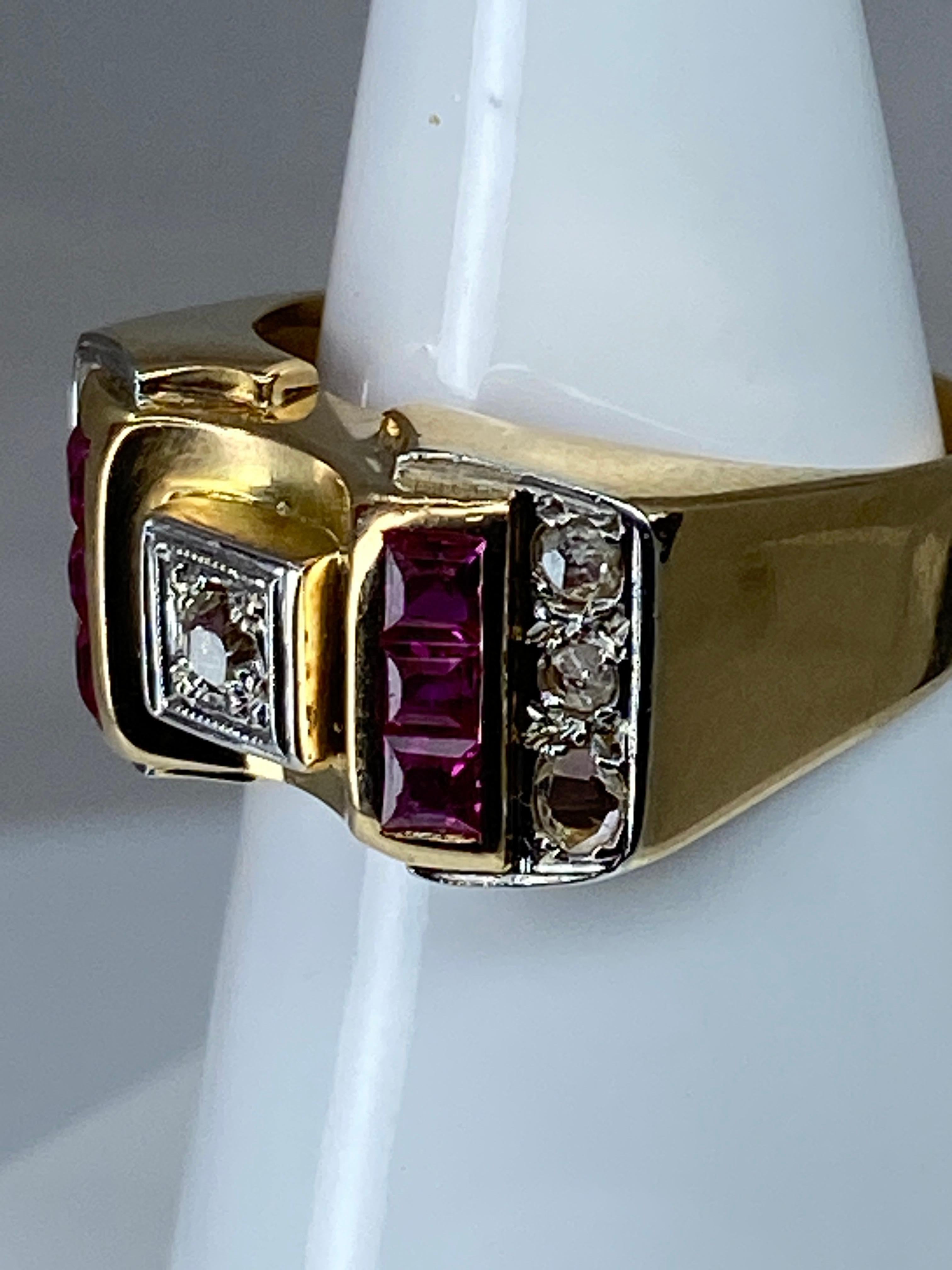 Tank Ring in 18 Carat Gold and Platinium Set with Diamonds and Synthetic Rubies For Sale 6