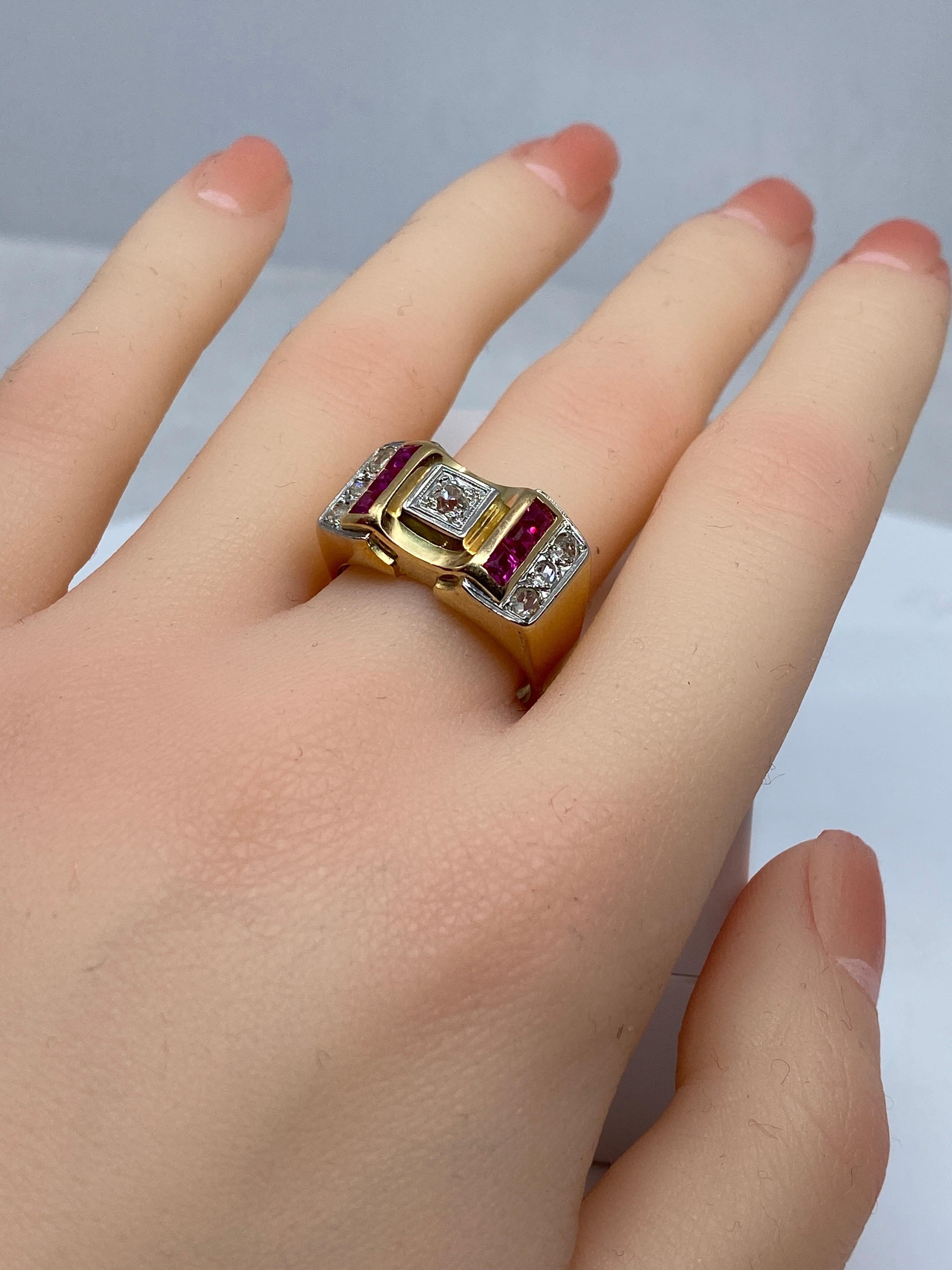 Tank Ring in 18 Carat Gold and Platinium Set with Diamonds and Synthetic Rubies For Sale 7