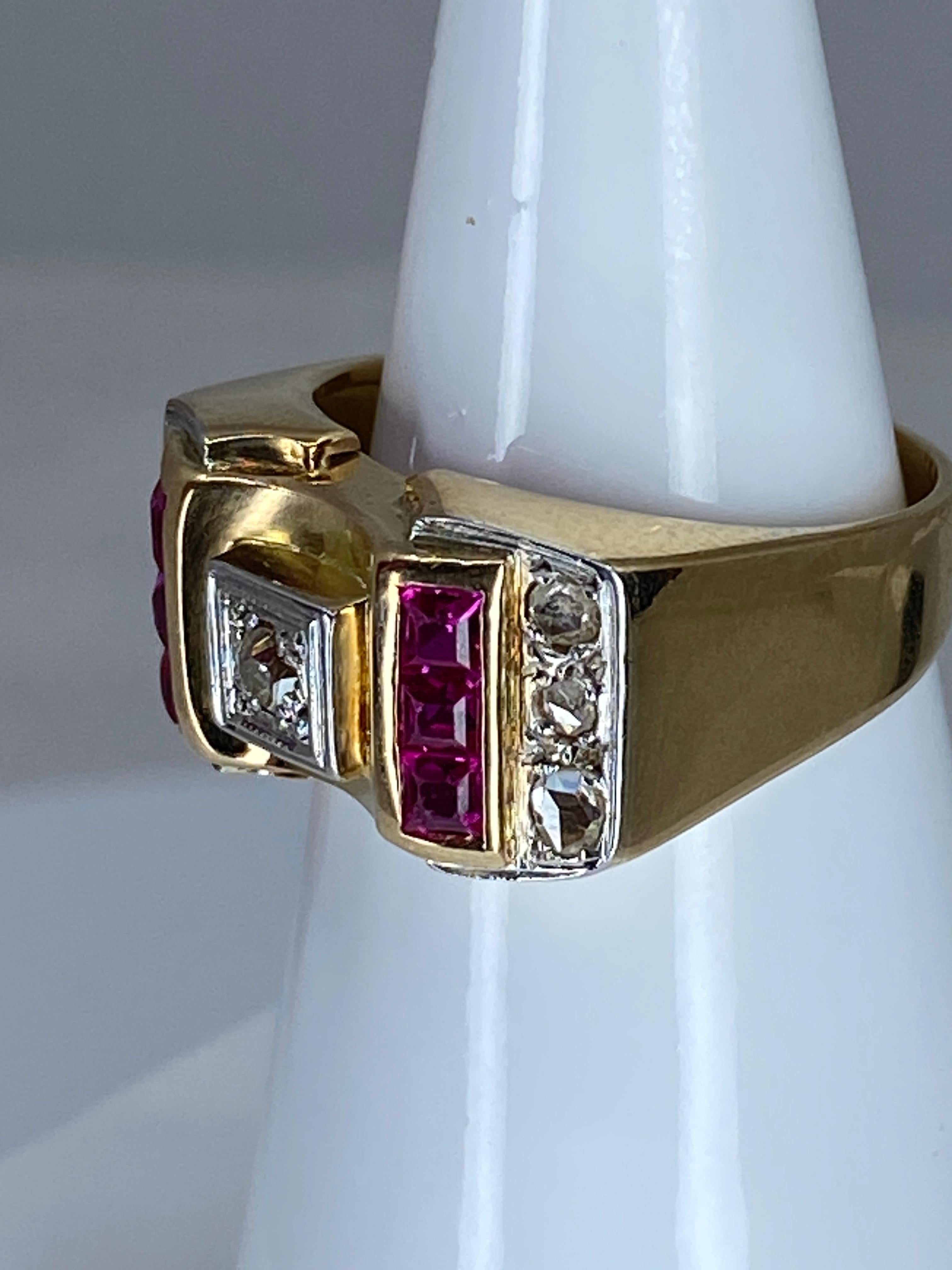 Tank Ring in 18 Carat Gold and Platinium Set with Diamonds and Synthetic Rubies For Sale 8
