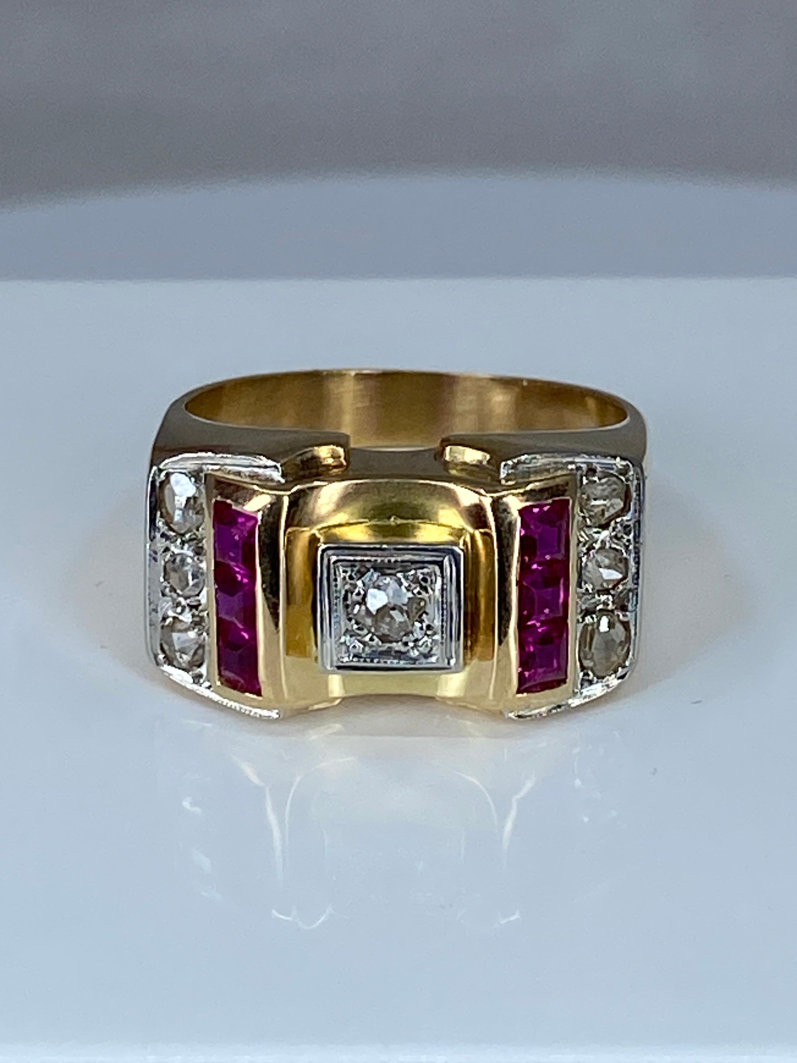 Tank Ring in 18 Carat Gold and Platinium Set with Diamonds and Synthetic Rubies For Sale 9