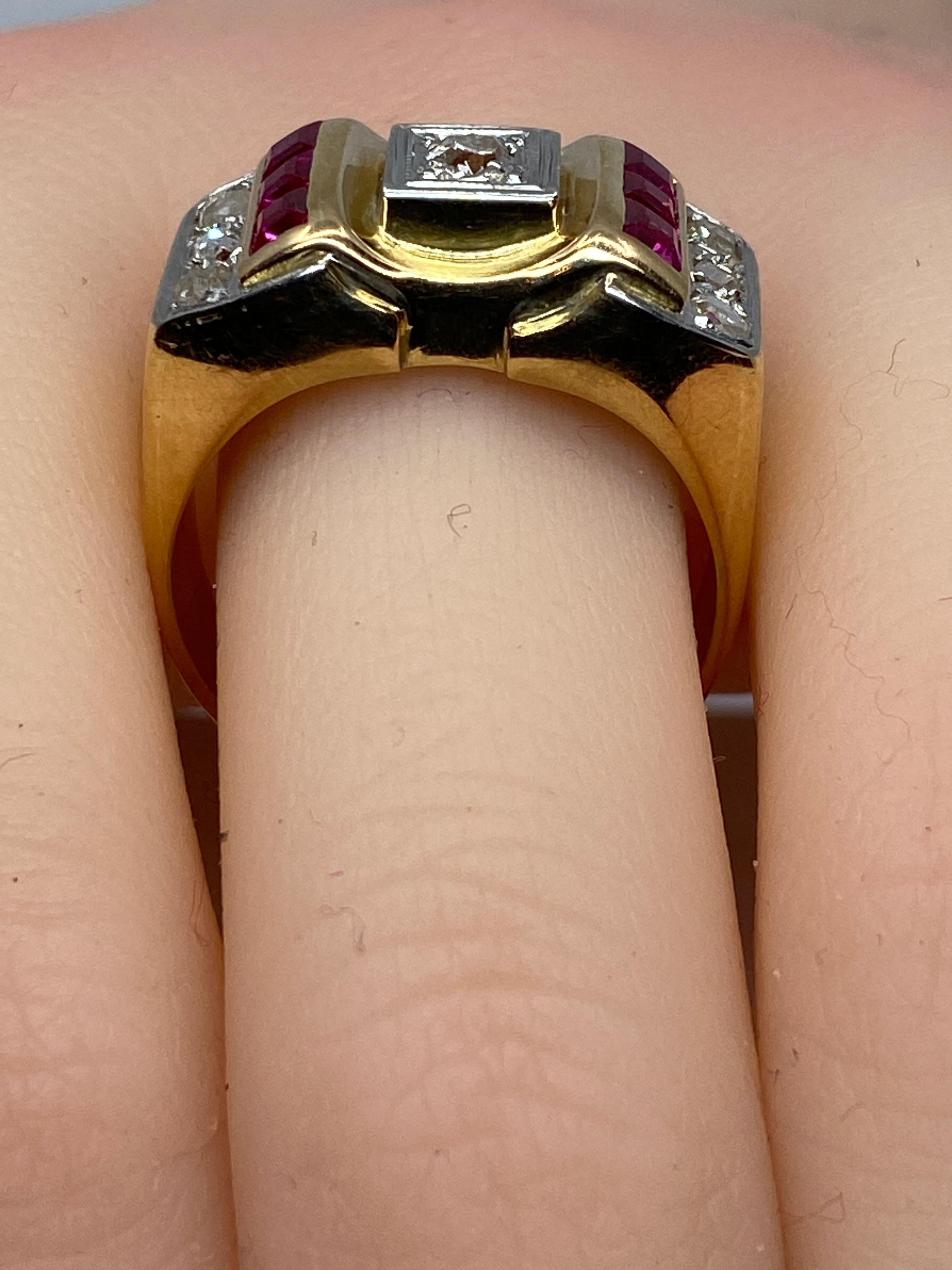 Tank Ring in 18 Carat Gold and Platinium Set with Diamonds and Synthetic Rubies For Sale 10