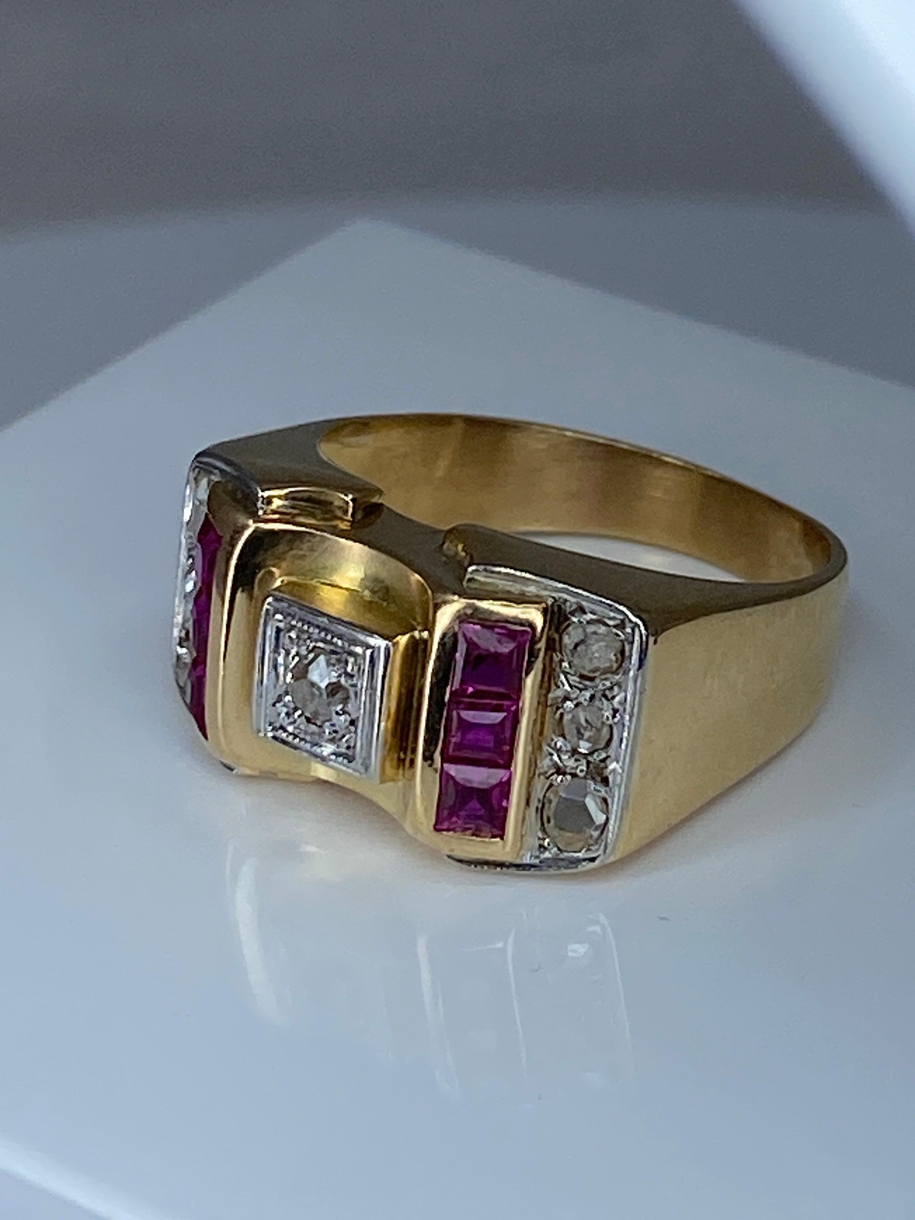 Tank Ring in 18 Carat Gold and Platinium Set with Diamonds and Synthetic Rubies For Sale 11