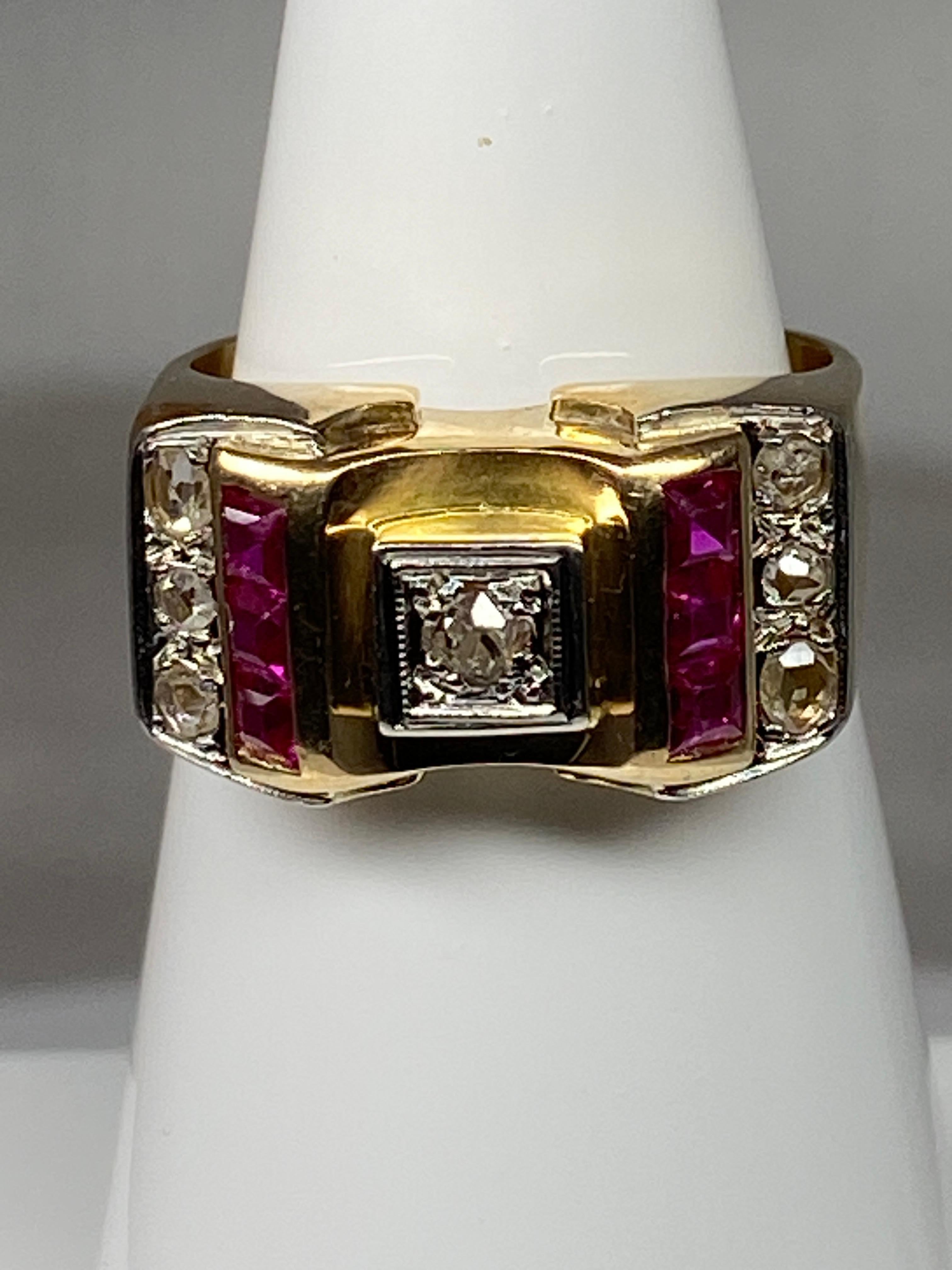 Tank Ring in 18 Carat Gold and Platinium Set with Diamonds and Synthetic Rubies For Sale 12