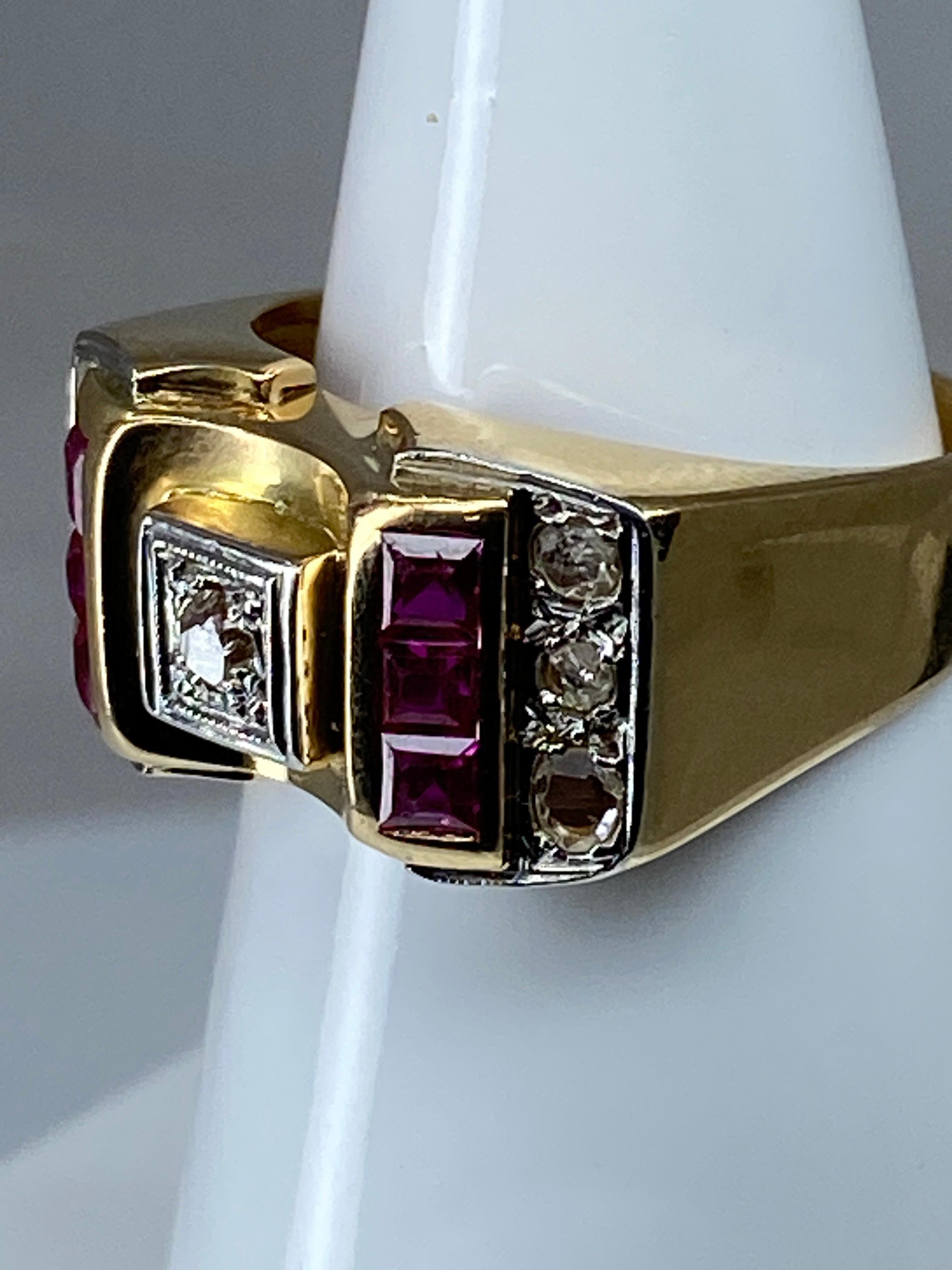 Tank Ring in 18 Carat Gold and Platinium Set with Diamonds and Synthetic Rubies For Sale 13