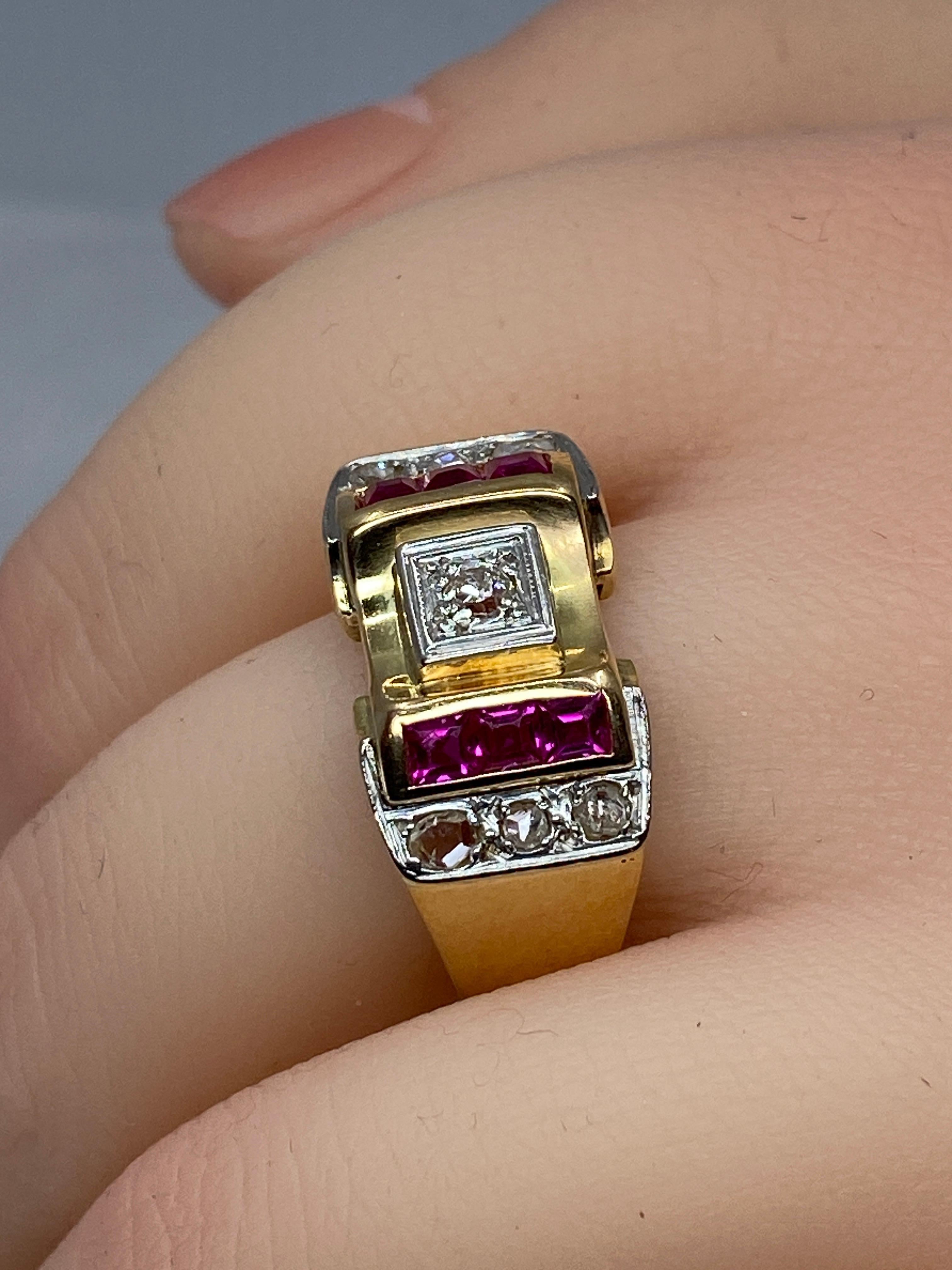 Art Deco Tank Ring in 18 Carat Gold and Platinium Set with Diamonds and Synthetic Rubies For Sale