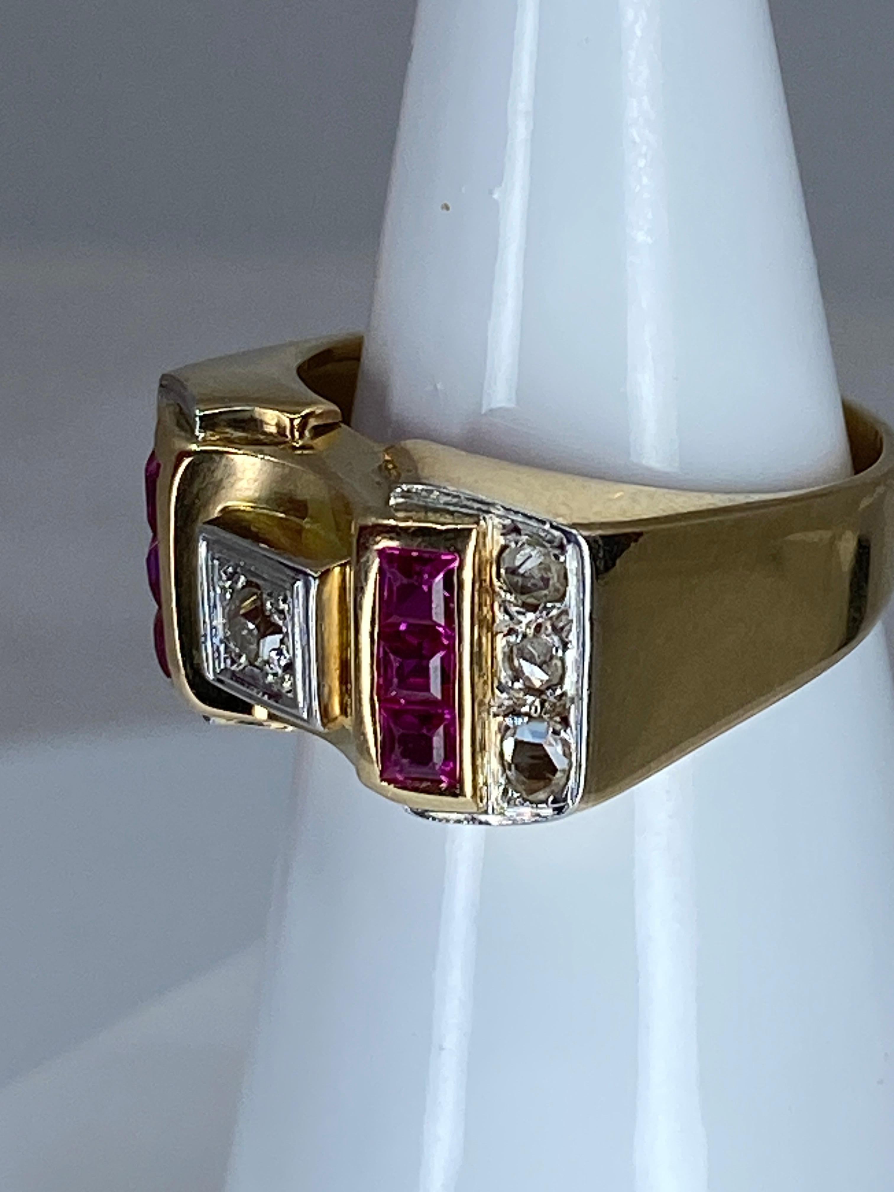 Round Cut Tank Ring in 18 Carat Gold and Platinium Set with Diamonds and Synthetic Rubies For Sale