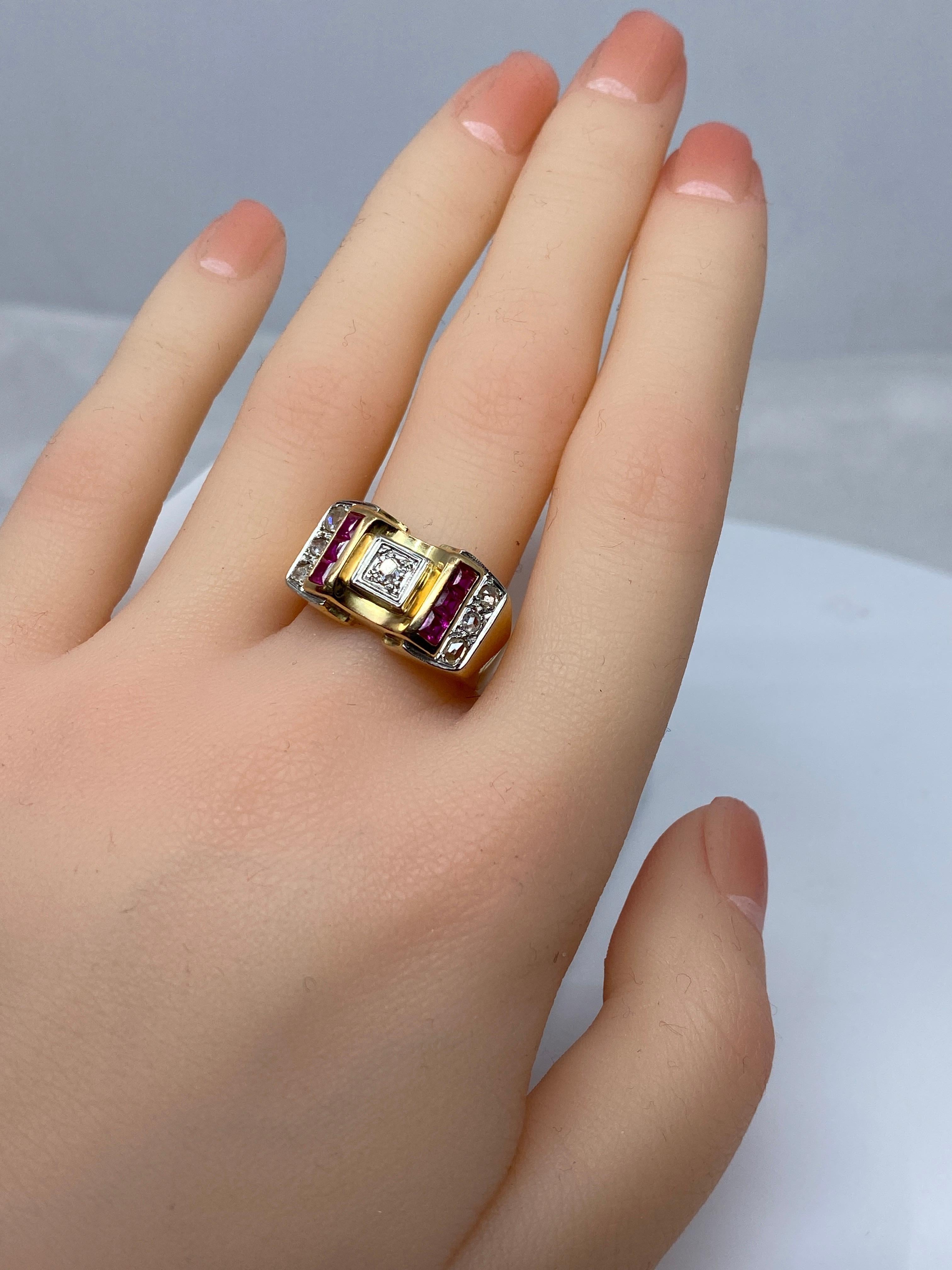 Women's or Men's Tank Ring in 18 Carat Gold and Platinium Set with Diamonds and Synthetic Rubies For Sale