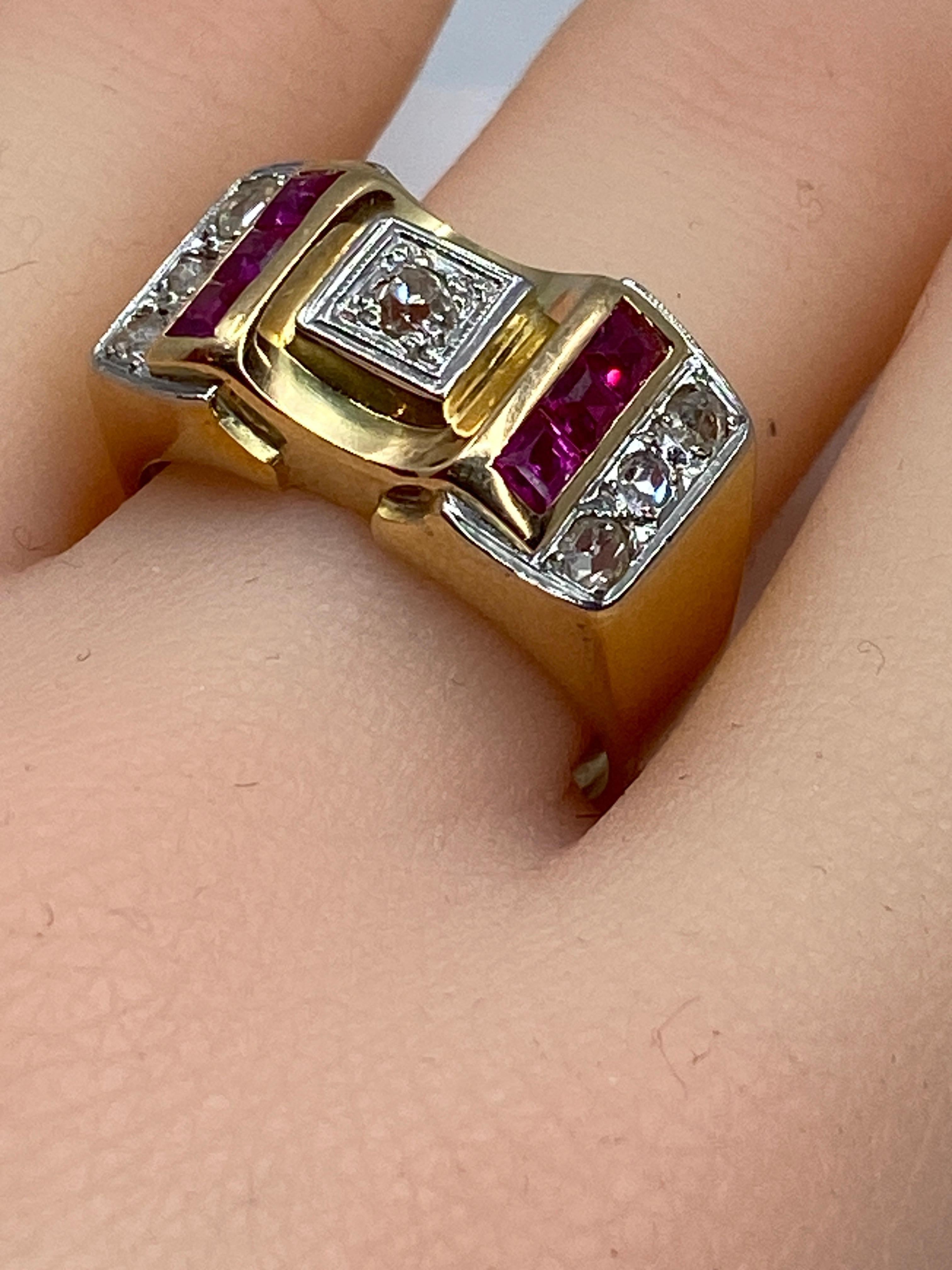 Tank Ring in 18 Carat Gold and Platinium Set with Diamonds and Synthetic Rubies For Sale 2