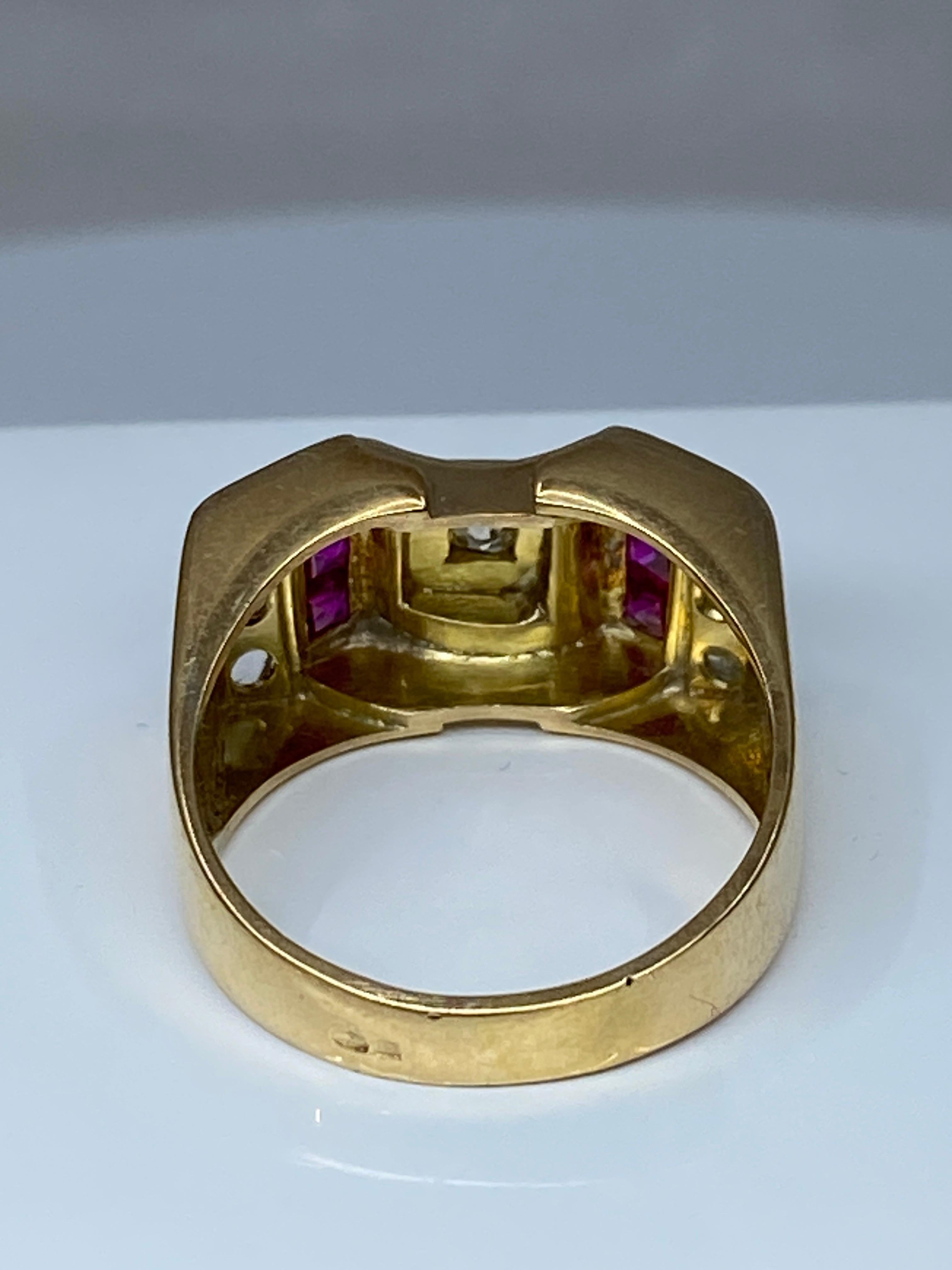 Tank Ring in 18 Carat Gold and Platinium Set with Diamonds and Synthetic Rubies For Sale 3