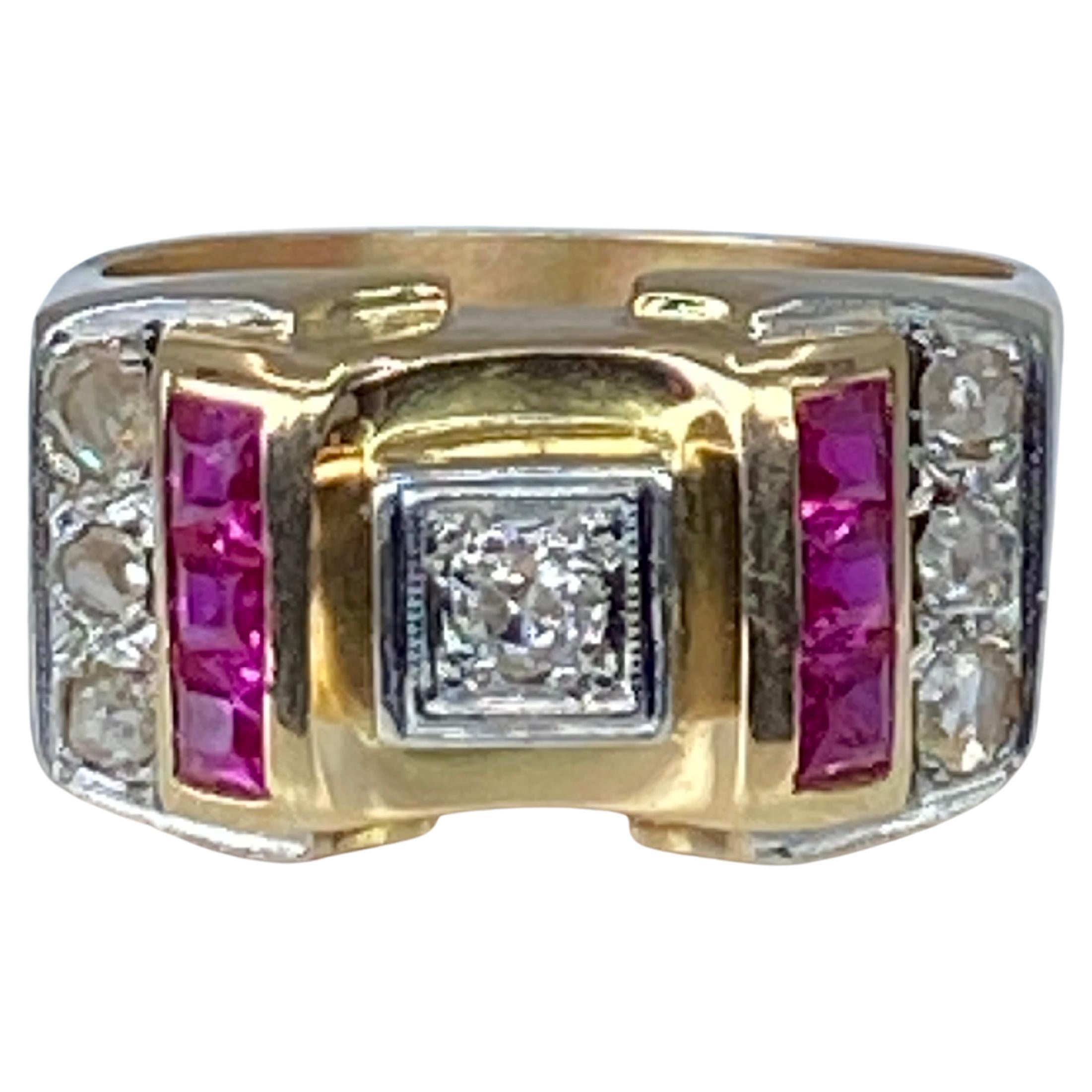 Tank Ring in 18 Carat Gold and Platinium Set with Diamonds and Synthetic Rubies
