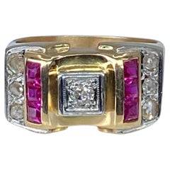 Tank Ring in 18 Carat Gold and Platinium Set with Diamonds and Synthetic Rubies