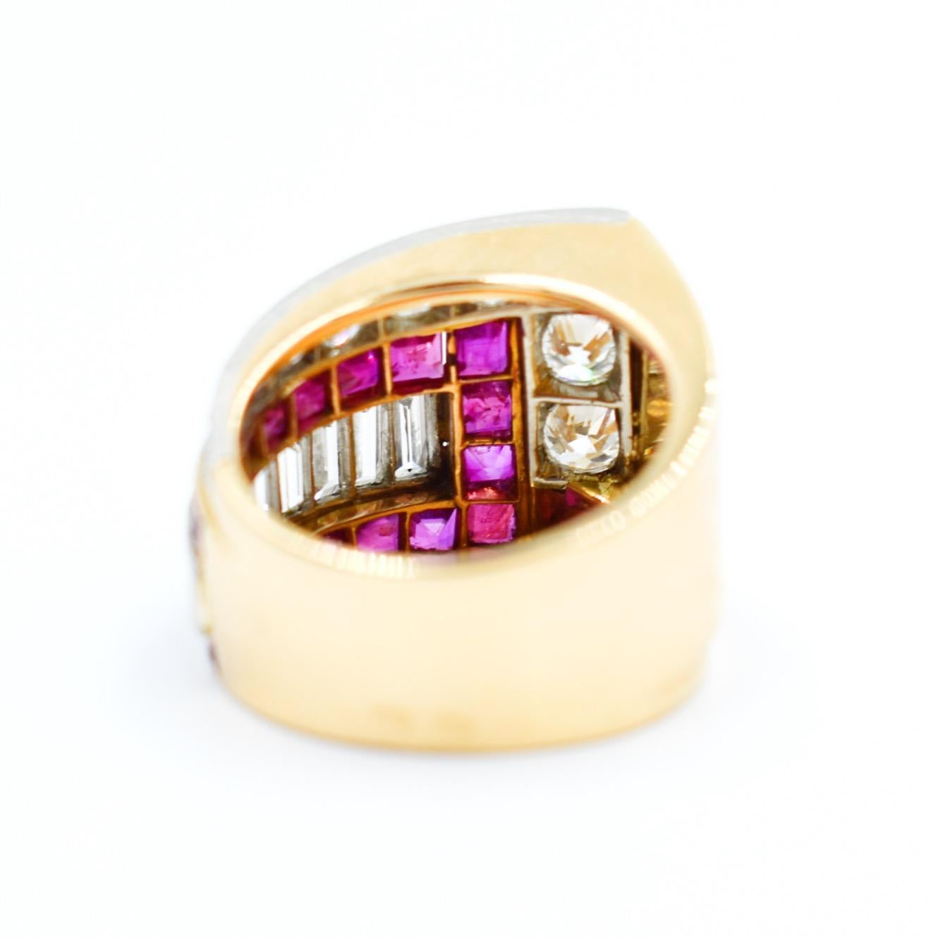 Art Deco Tank Ring in Gold, Platinum, Diamonds, and Rubies For Sale
