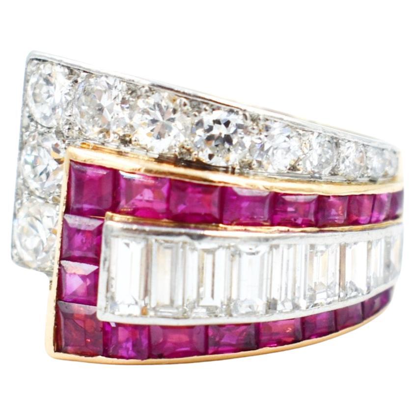 Tank Ring in Gold, Platinum, Diamonds, and Rubies