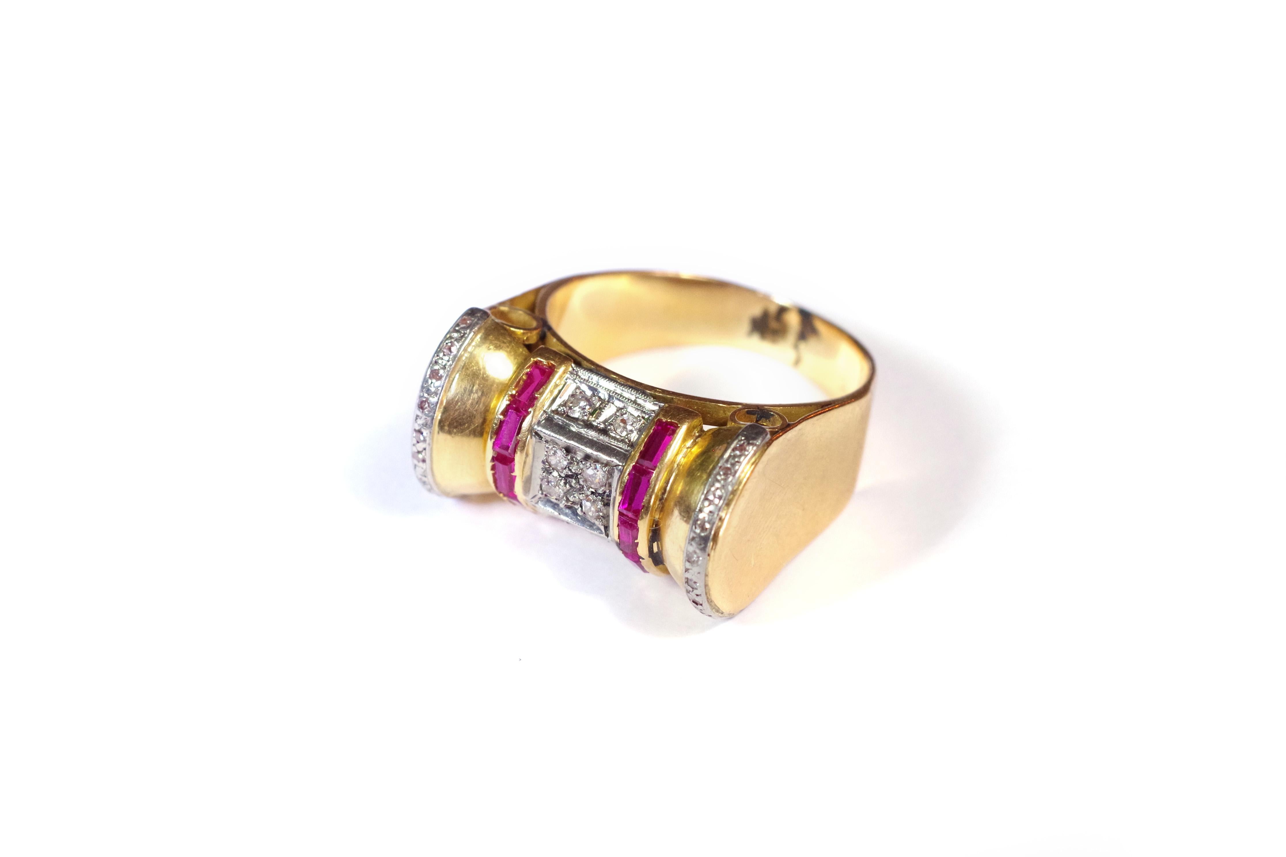 Retro Tank Ruby Diamond Scroll Ring in 18k Gold For Sale