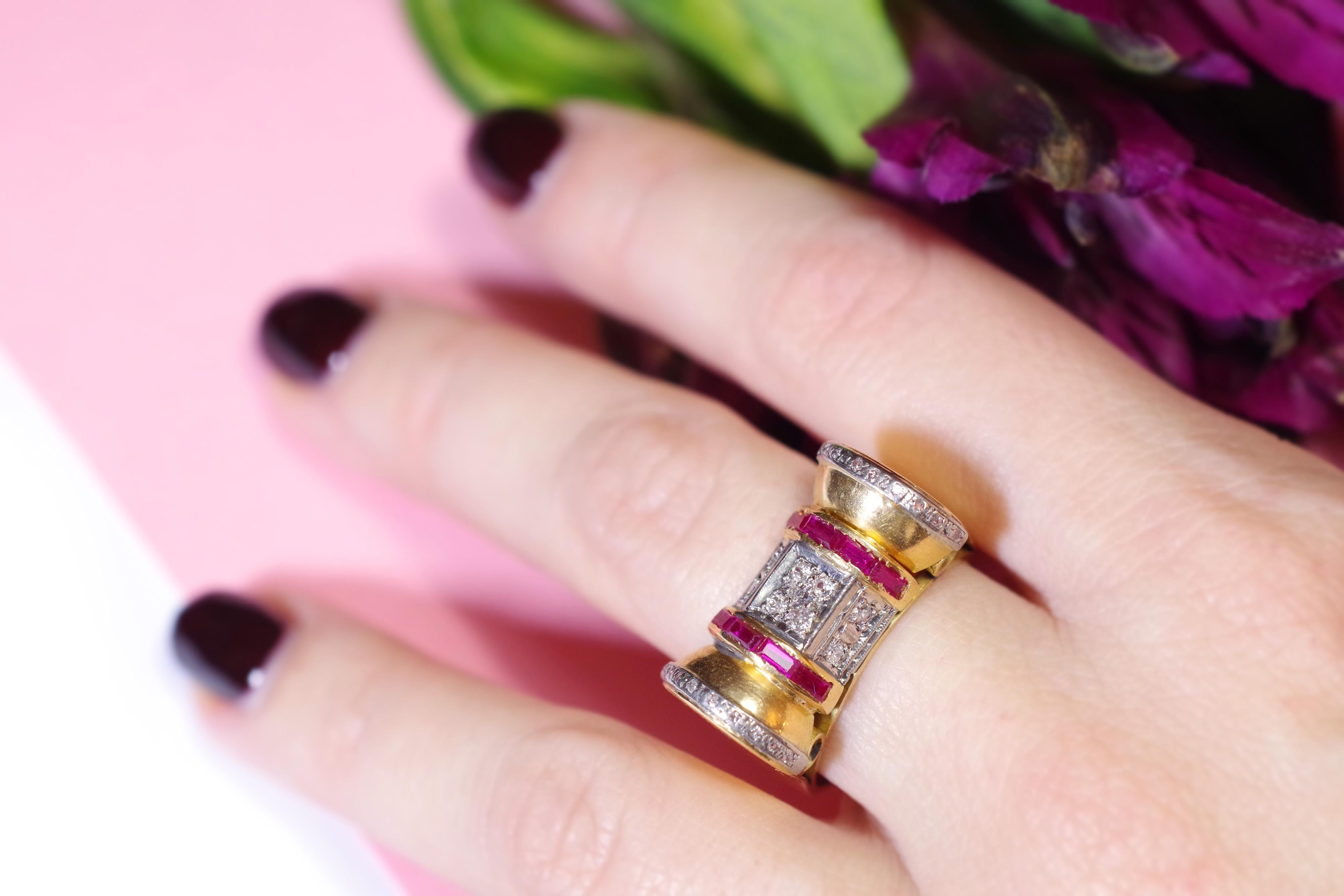 Women's Tank Ruby Diamond Scroll Ring in 18k Gold For Sale