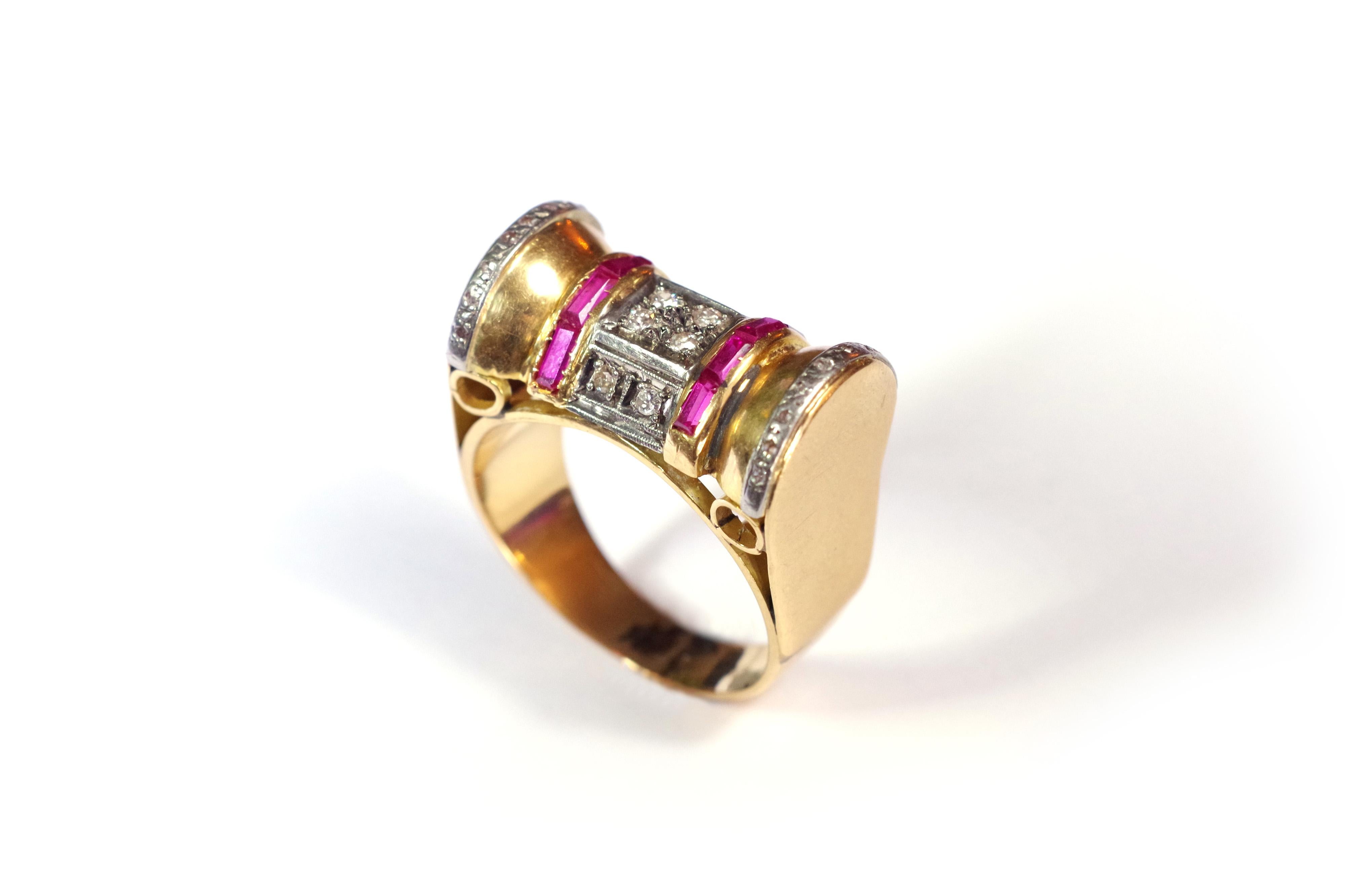 Tank Ruby Diamond Scroll Ring in 18k Gold For Sale 2