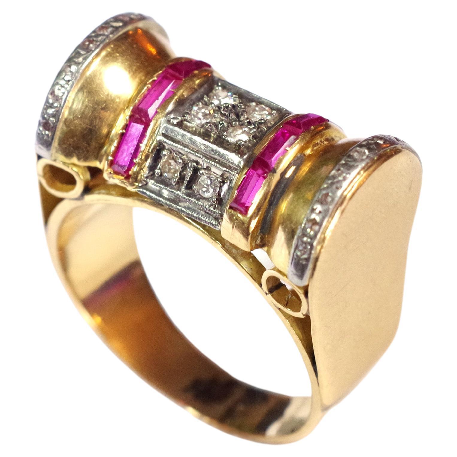 Tank Ruby Diamond Scroll Ring in 18k Gold For Sale