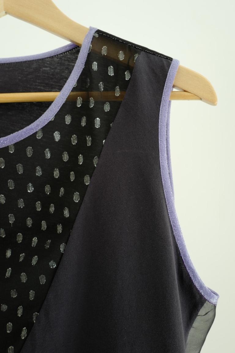 Tank Sleeveless Round Neck Top Grey Black Lilac Trim Sheer Chiffon Transparent  In New Condition For Sale In Los Angeles, CA