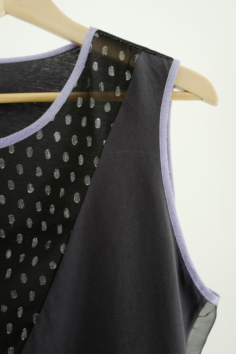 Women's Tank Sleeveless Round Neck Top Grey Black Lilac Trim Sheer Chiffon Transparent 