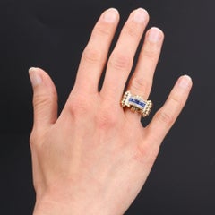 Tank Style Blue and White Sapphires 18 Karat Yellow Gold Ring