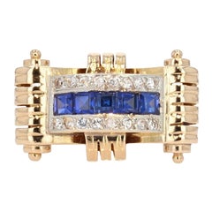 Tank Style Blue and White Sapphires 18 Karat Yellow Gold Ring