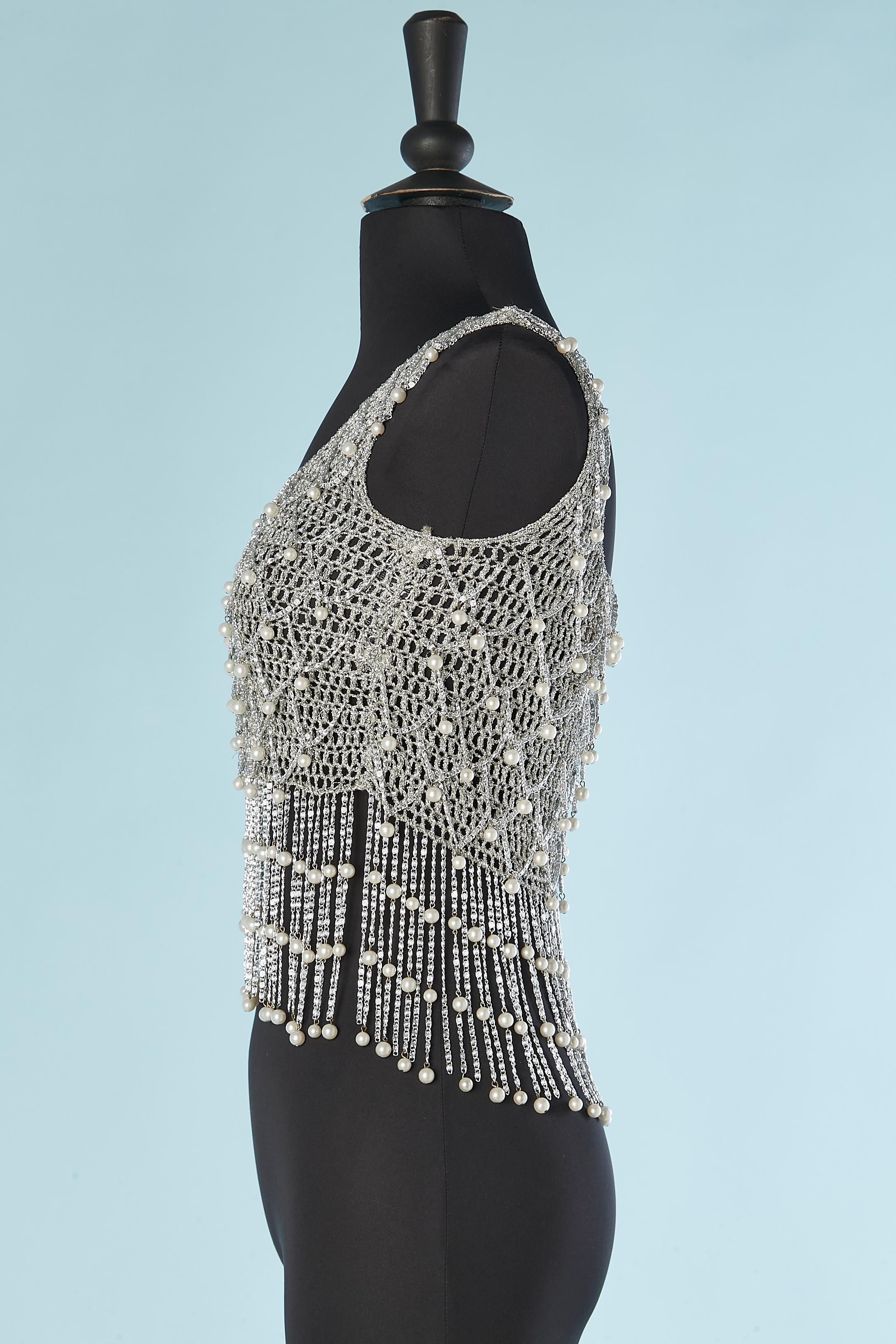 Silver Tank top in silver lurex, knit and pearls mix with chain  Loris Azzaro 1970's 
