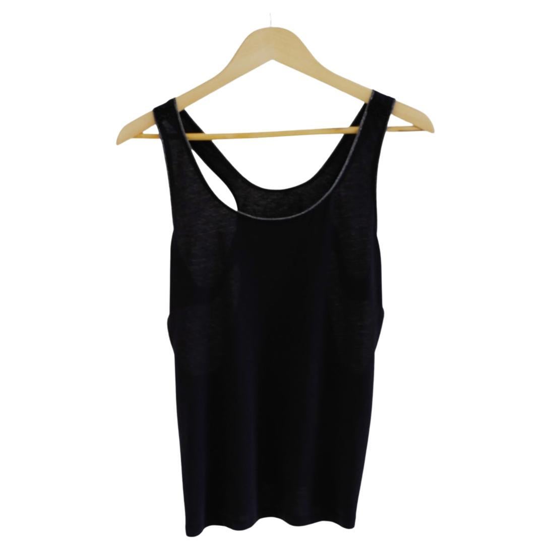Tank Top Sleeveless Cut Out Cotton Black Silver Trims 
First page is showing can of tank top
Designer: J Dauphin
One of a kind

Size: Small

Available for immediate delivery
