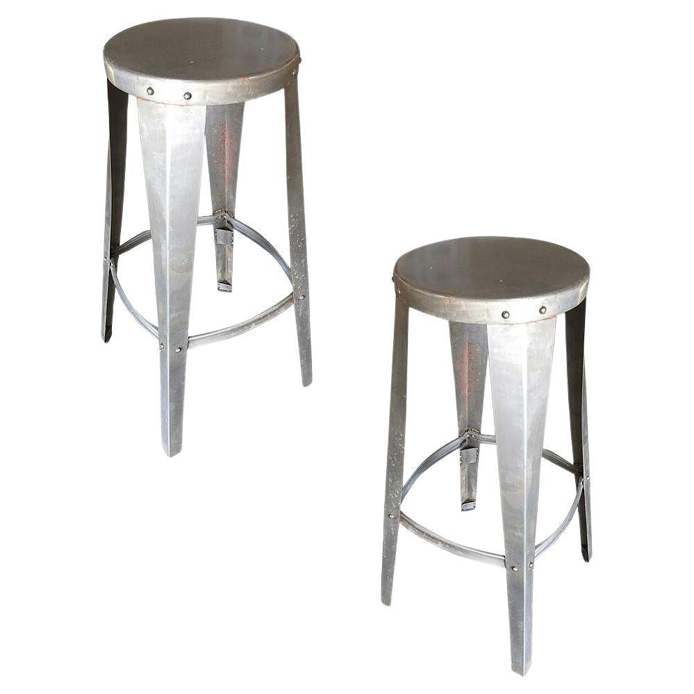 Tanker Brushed Steel Metal Industrial Work Stool, Pair For Sale