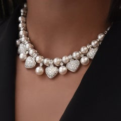 Tannler of Switzerland 18KT Gold, 8.50 Carat Diamond Hearts and Pearl Necklace