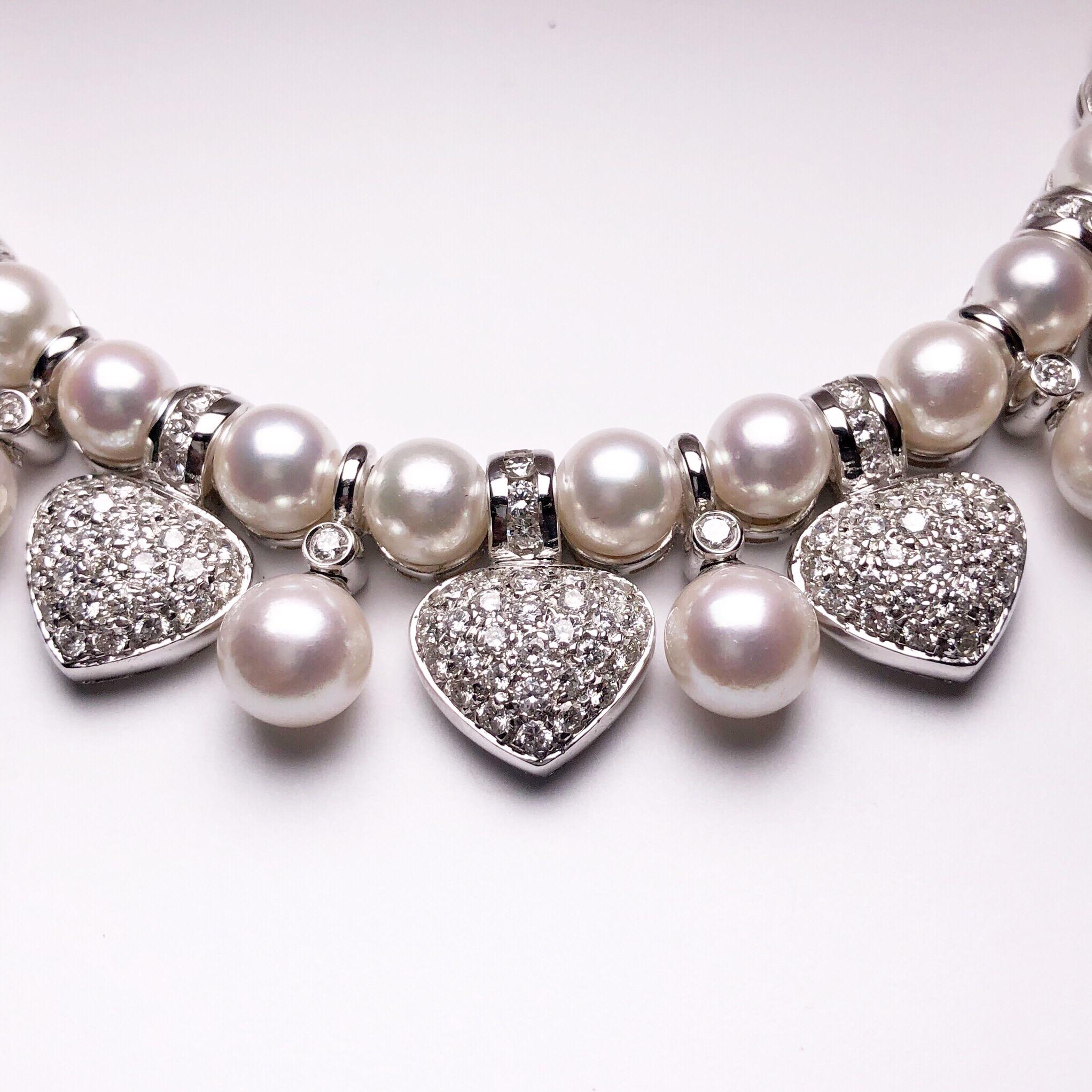 Contemporary Tannler of Switzerland 18KT Gold, 8.50 Carat Diamond Hearts and Pearl Necklace For Sale