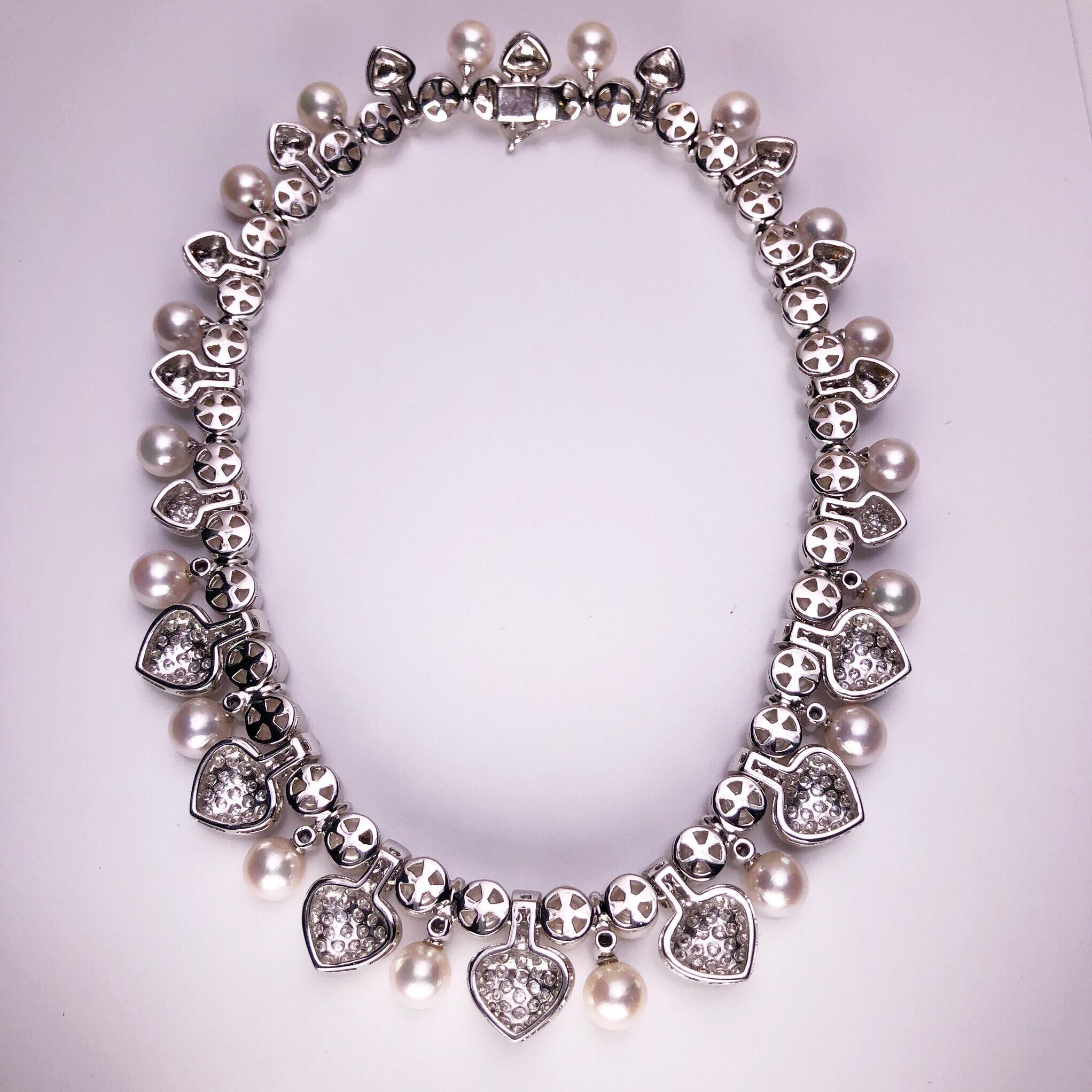Tannler of Switzerland 18KT Gold, 8.50 Carat Diamond Hearts and Pearl Necklace In New Condition For Sale In New York, NY