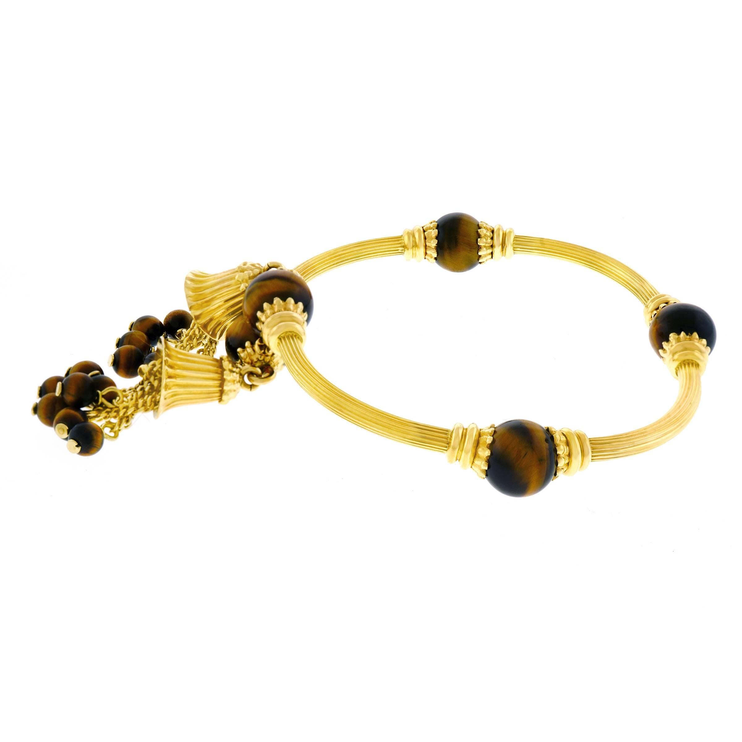 Tannler Tiger’s Eye and Gold Tasseled Bangle In Excellent Condition In Litchfield, CT
