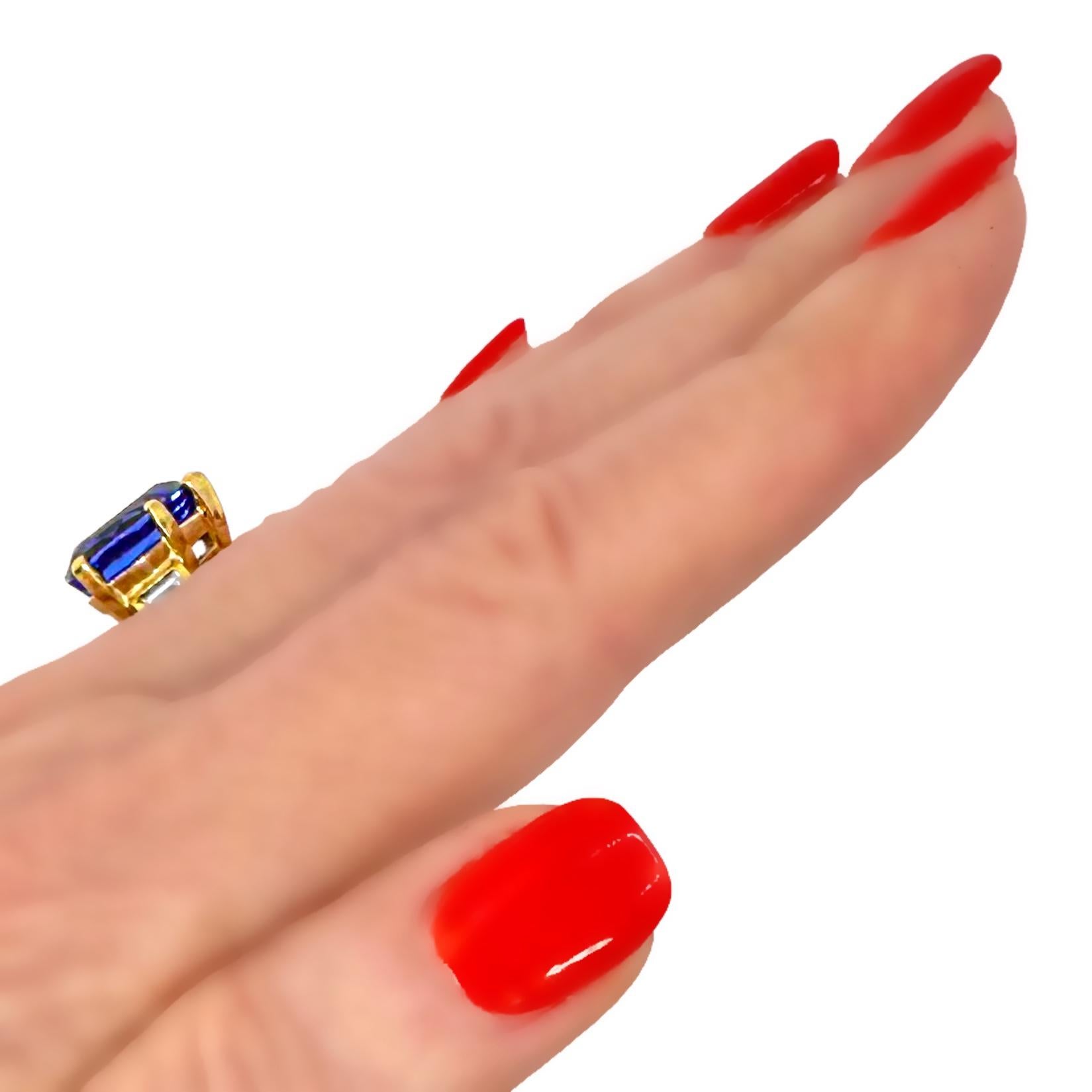 Bague tanzanite en forme de poire tanzanite avec diamants baguettes en or jaune 18 carats en vente 8