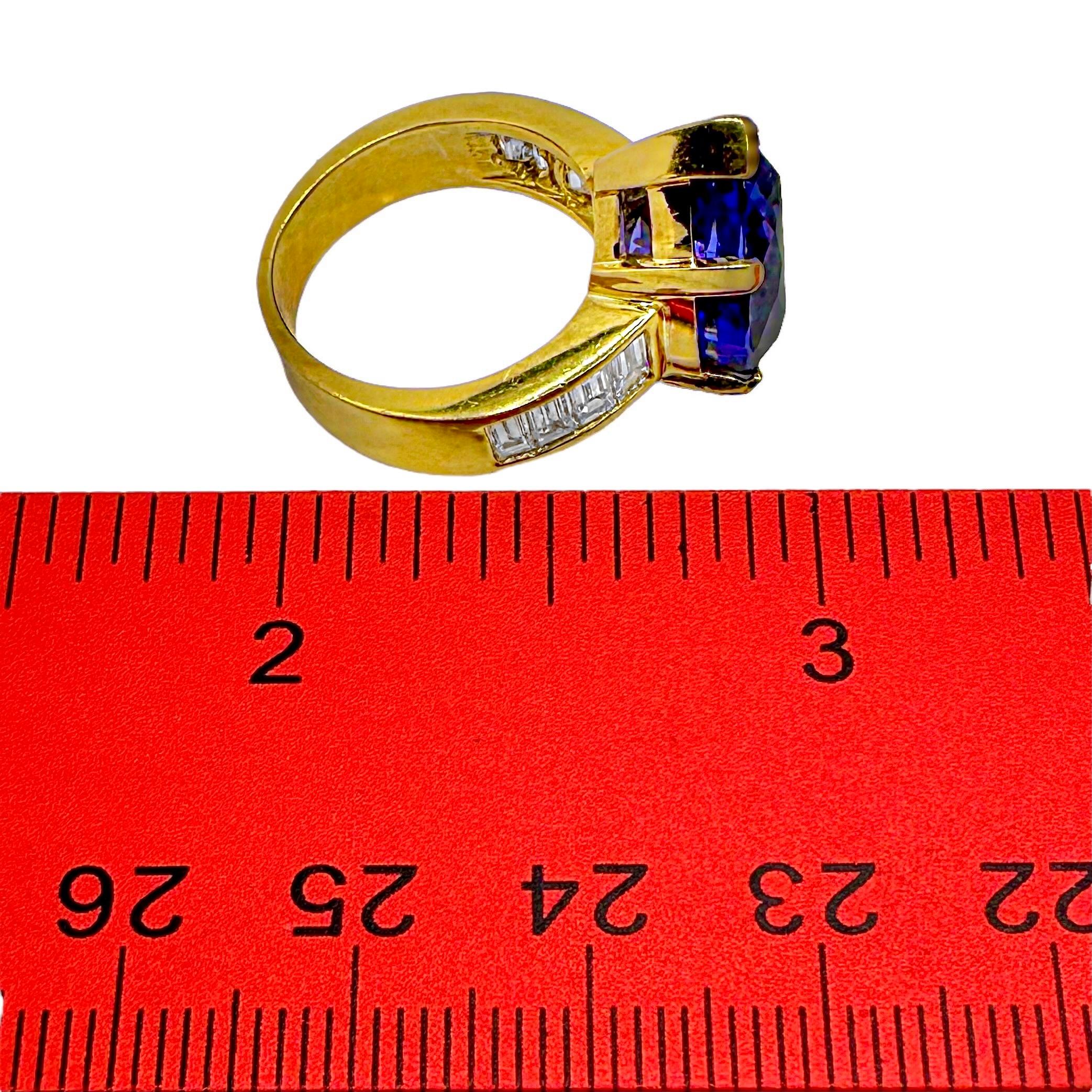 Tantalizing Pear Shaped Tanzanite Ring with Baguette Diamonds in 18K Yellow Gold For Sale 3