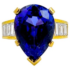 Bague tanzanite en forme de poire tanzanite avec diamants baguettes en or jaune 18 carats