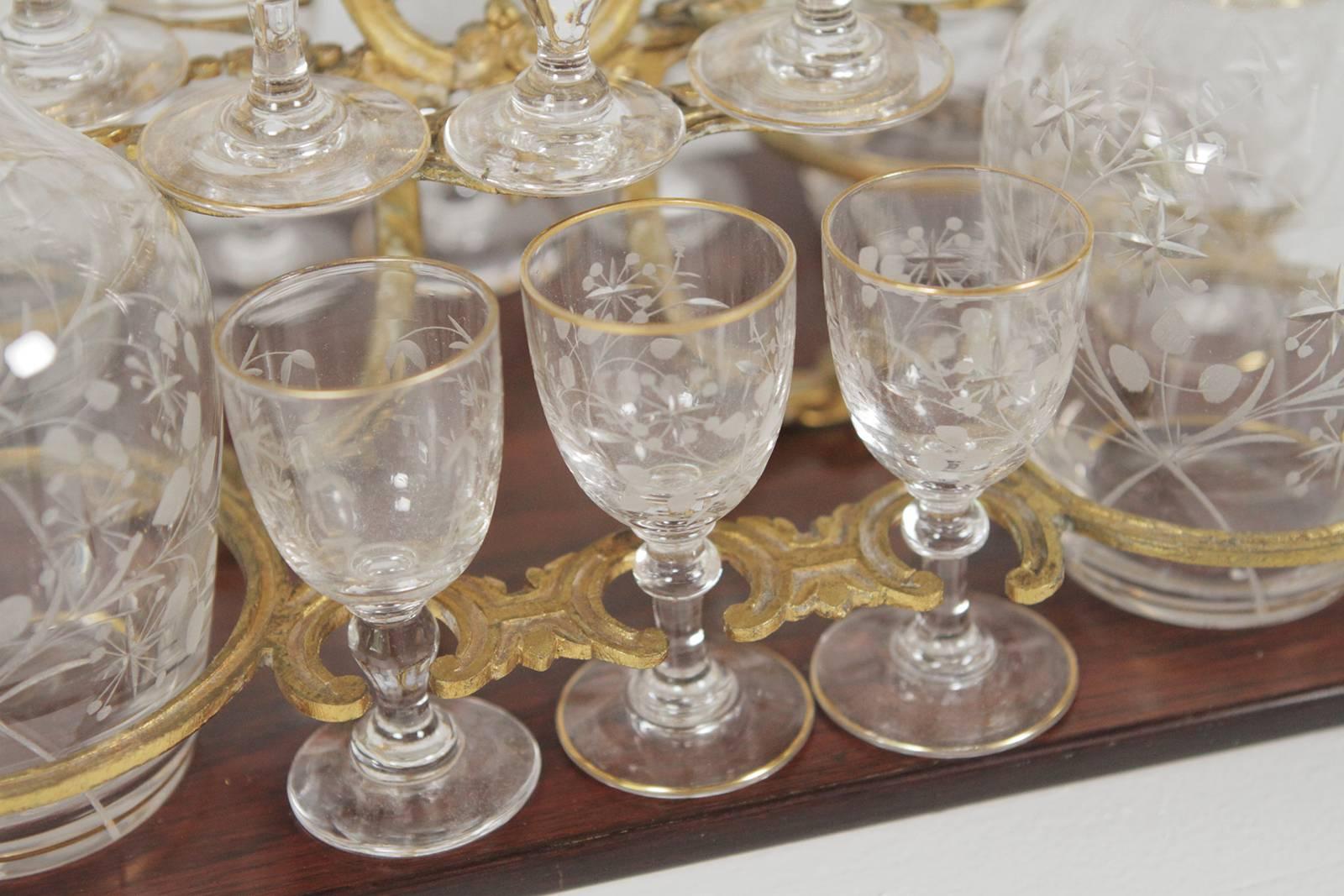 French Tantalus Box with Beveled Glass Panels with Decanters and Stemware