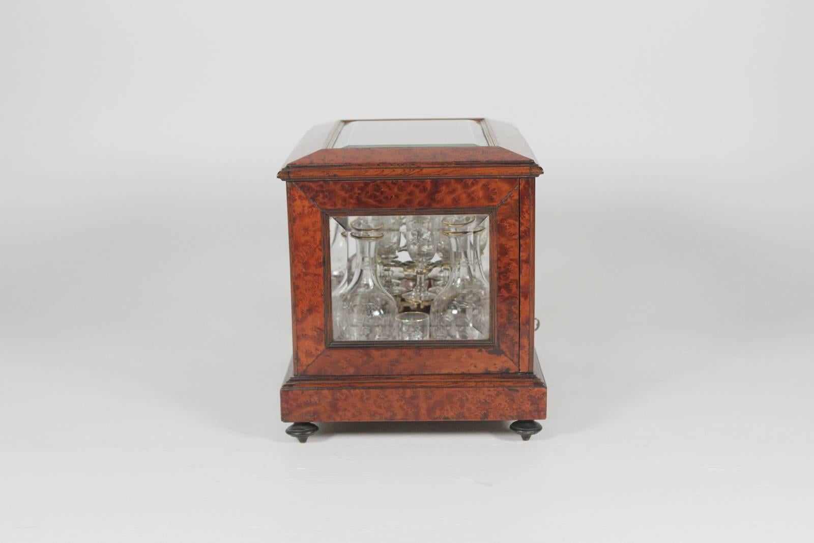 Late 19th Century Tantalus Box with Beveled Glass Panels with Decanters and Stemware