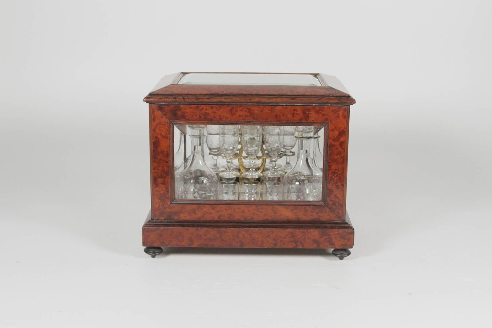 Burl Tantalus Box with Beveled Glass Panels with Decanters and Stemware