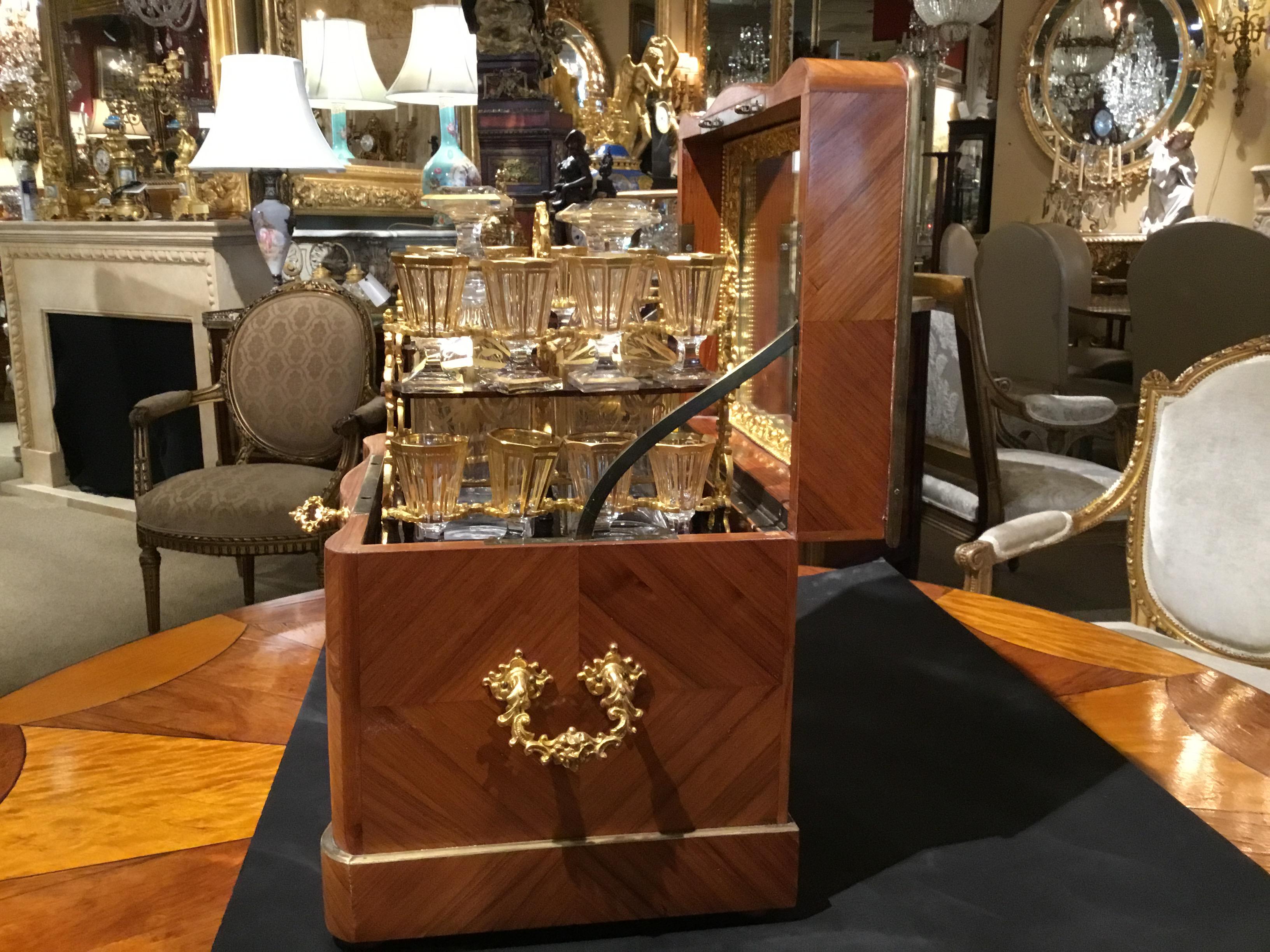 Marquetry Tantalus Set of Rosewood, Kingwood and Tulipwood Complete with Baccarat Glasses For Sale
