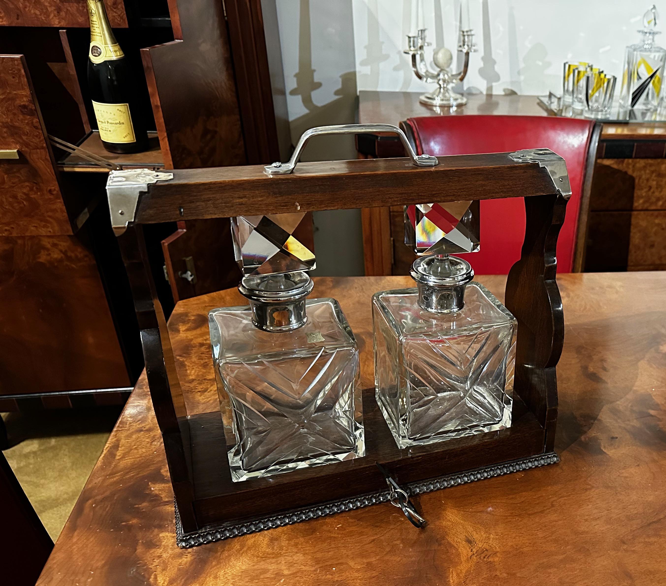 Tantalus Two Decanter Art Deco Set with Wood Holder For Sale 5